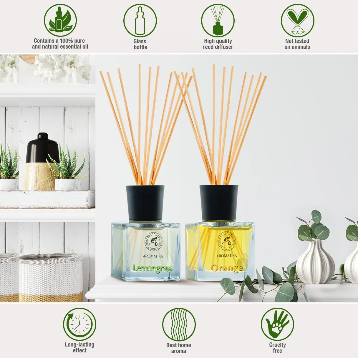 AROMATIKA Reed Diffuser Gift Set 2 x 50 ml with Natural Essential Oils Lemongrass & Orange - Scented Reed Diffusers with Bamboo Sticks - Perfect for Aromatherapy - Bedroom - Office - Home Diffusers