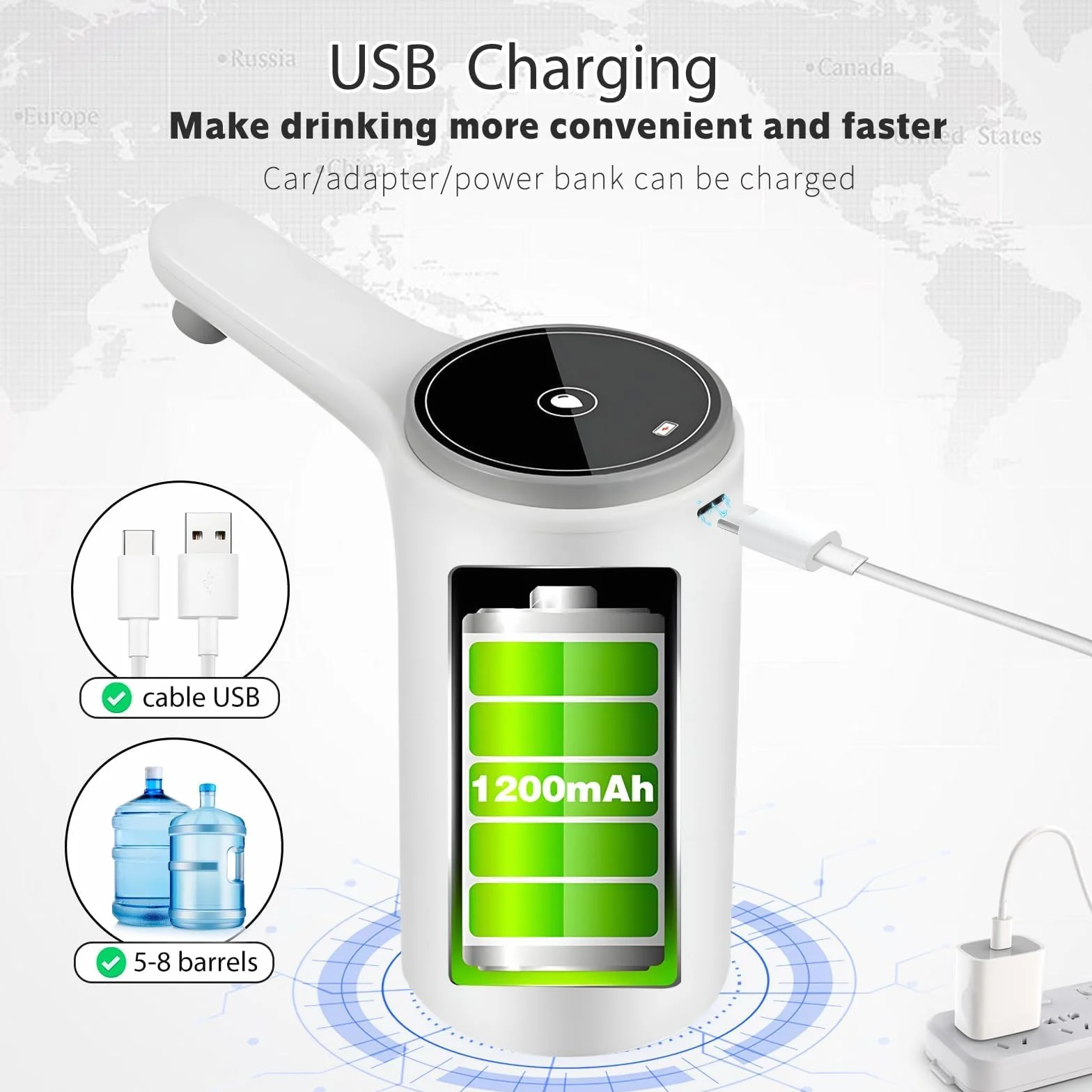 EASYSPEED Elektryczny Dozownik Wody Pitnej,W Zestawie 2 Adaptery Automatyczny Dystrybutor Wody Pitnej,Możliwość ładowania Przez USB 1200 mAh Pompa Do Butelek Na Wodę,Do Domowego Biura,Biały