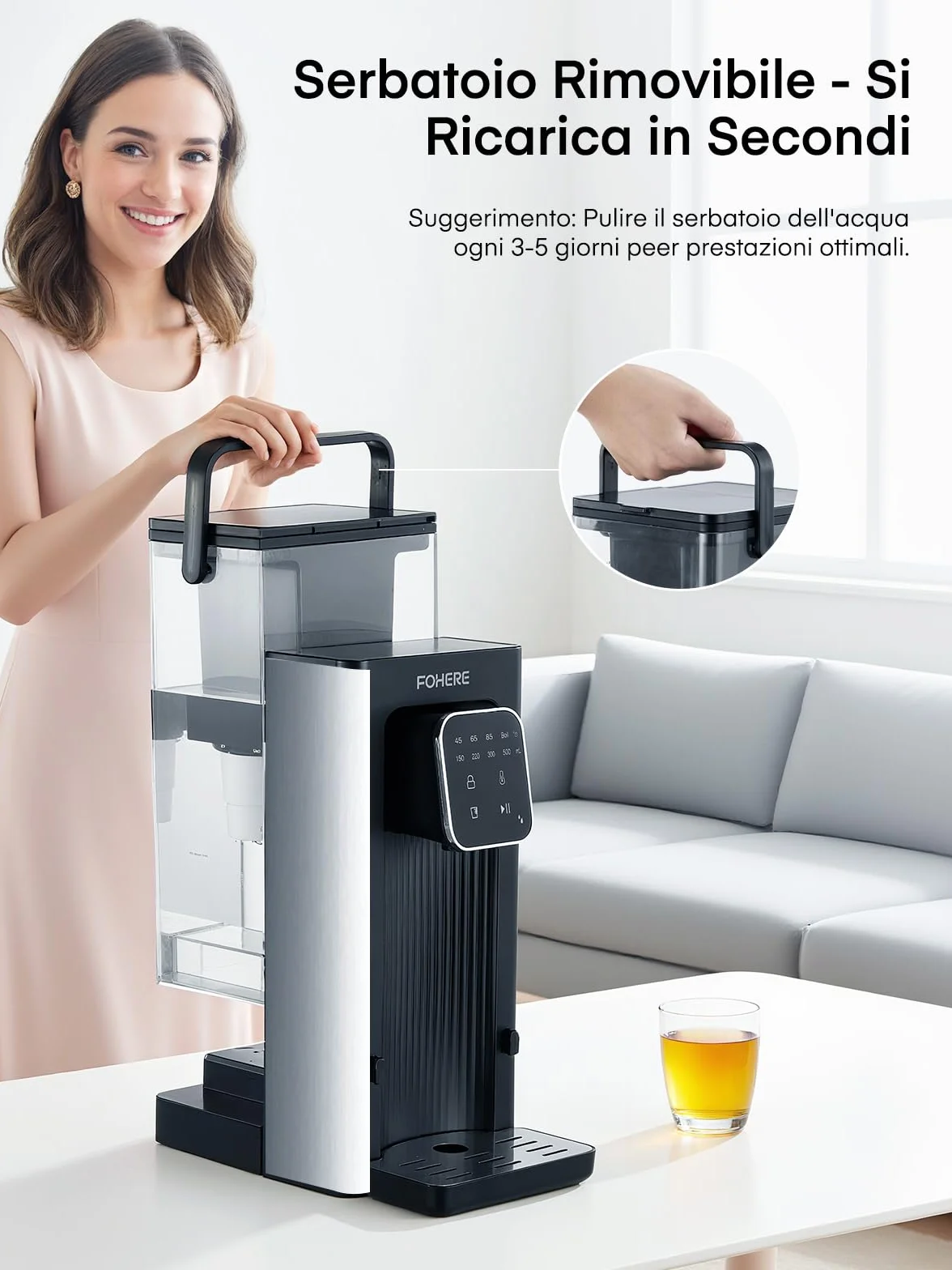 Dozownik ciepłej wody, 2600 W, ciepła woda w ciągu kilku sekund, 4 poziomy temperatury, 4 ilości wody, zbiornik 2,5 l, kompaktowy i energooszczędny, cyfrowy ekran dotykowy