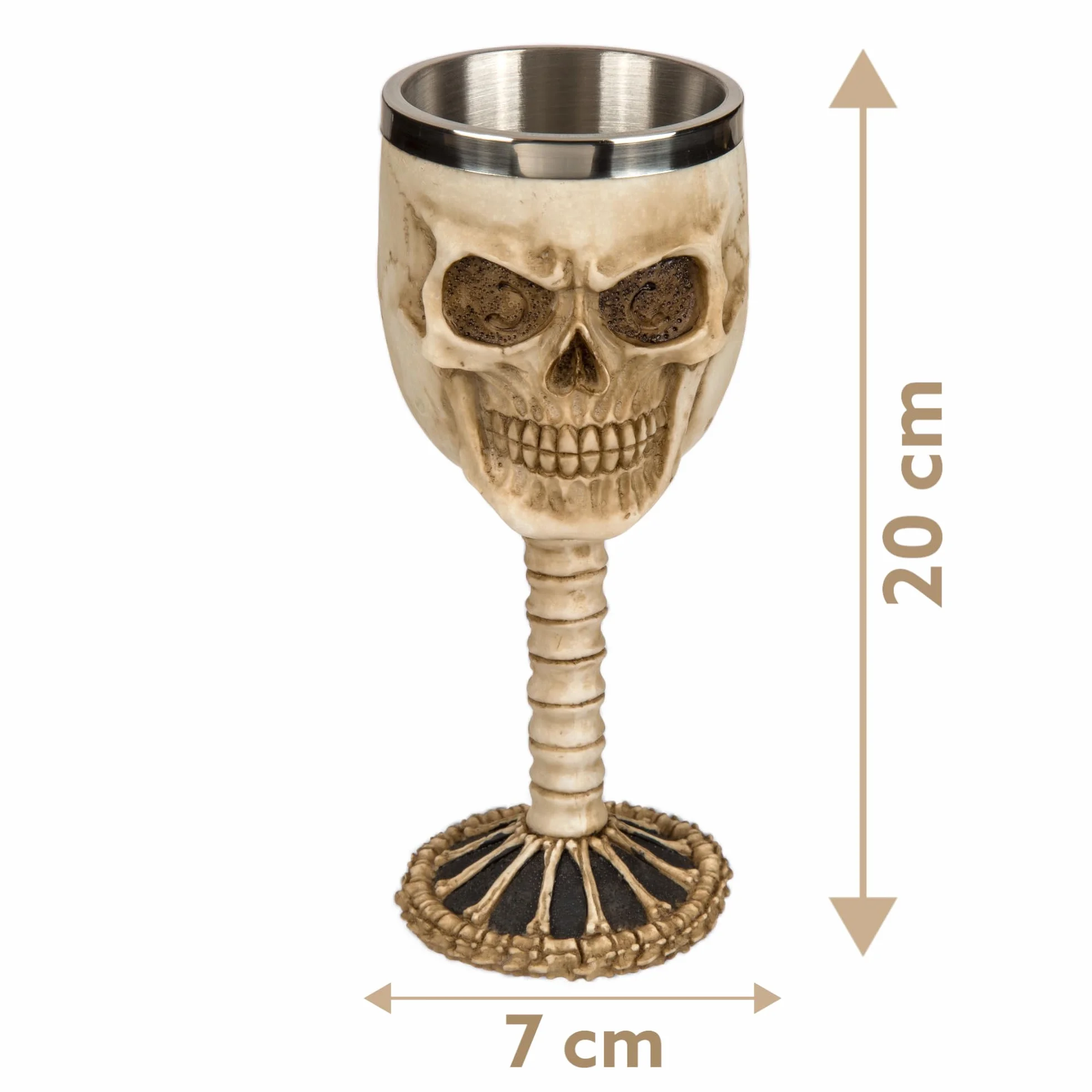 MIJOMA Kieliszek do wina 3D z trupią czaszką – kubek z czaszką ze sztucznego kamienia i stali nierdzewnej, średniowieczny dzbanek Wikingów, pojemność 300 ml (Grimmiger Wächter)