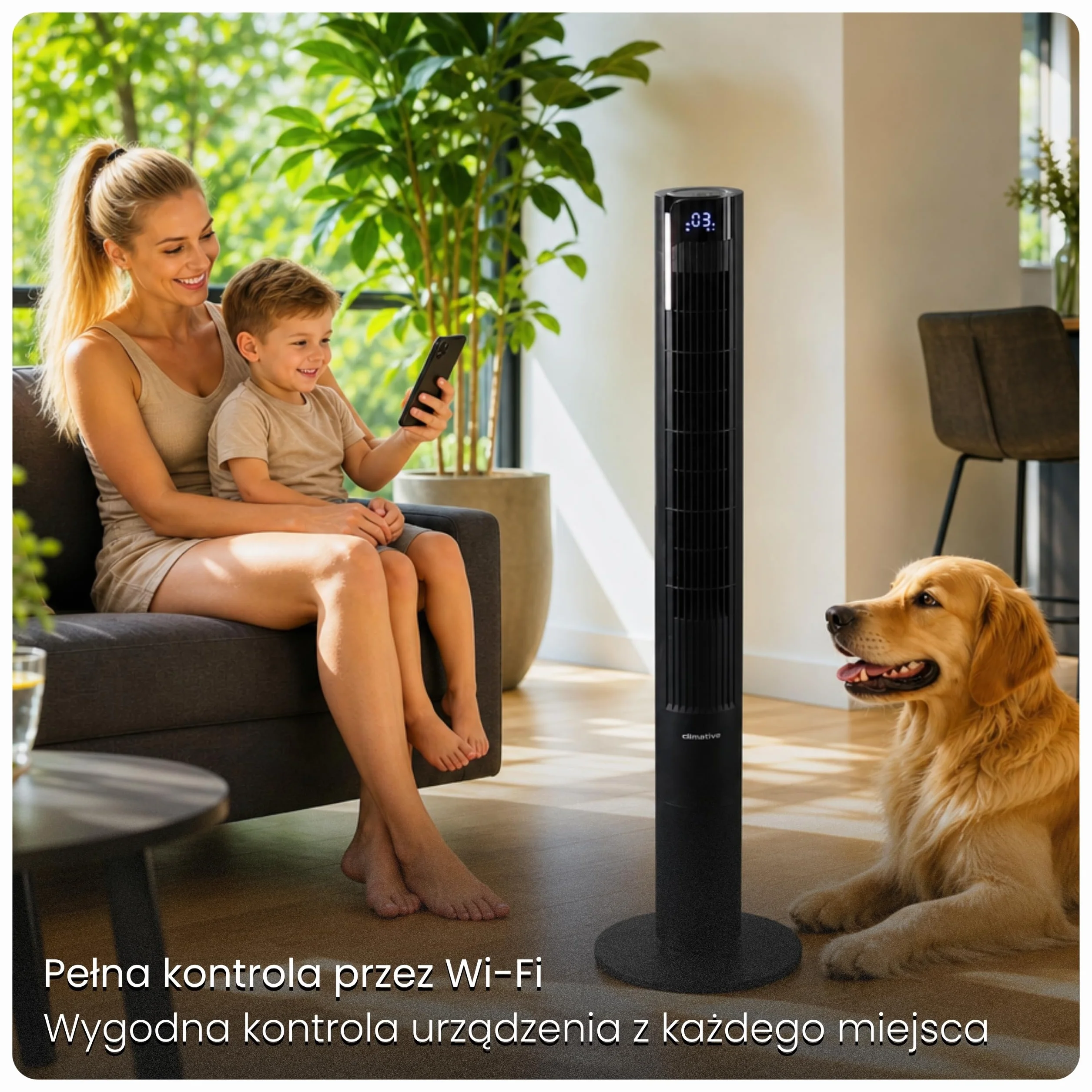 Wentylator kolumnowy 115cm WiFi Tuya, Jonizator i Pojemnik na zapach, Potężny wiatr 8,5m/s, Lampka nocna, Oscylacja, Timer 12h, Wyświetlacz LED, Cichy wentylator stojący, Czarny