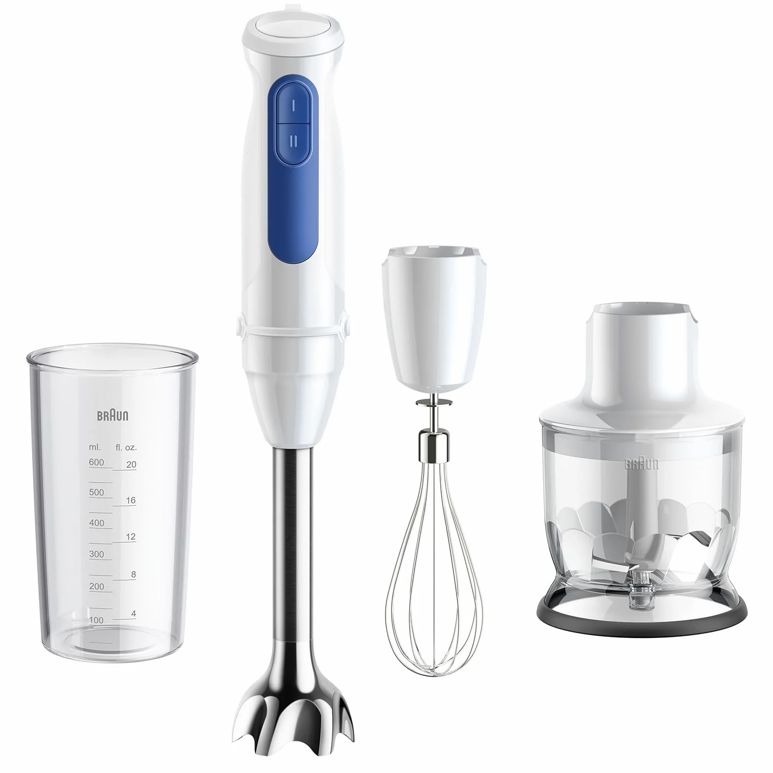 Braun Blender ręczny MultiQuick 3 MQ30202M, technologia PowerBell VPlus, 2 prędkości, system EasyClick Plus, 3-częściowy zestaw akcesoriów (rozdrabniacz 350 ml, kubek 600 ml, trzepaczka), 900 W, biały
