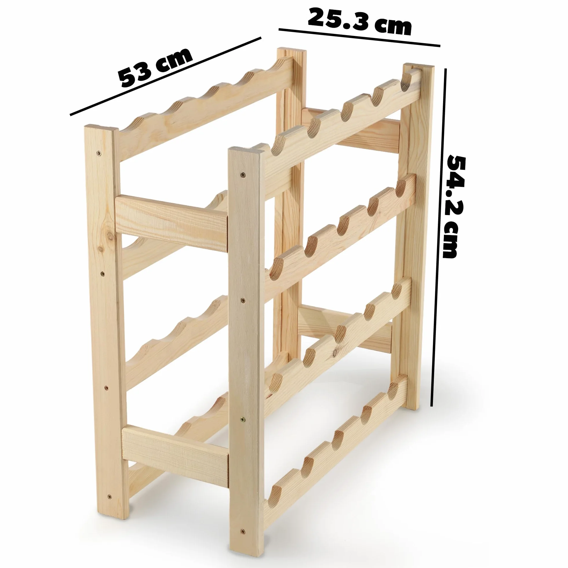 KADAX Regał na wino z drewna sosnowego, na 20 butelek, stojak do kuchni i salonu, stabilna konstrukcja, łatwy montaż, kompaktowe wymiary 53x25 cm