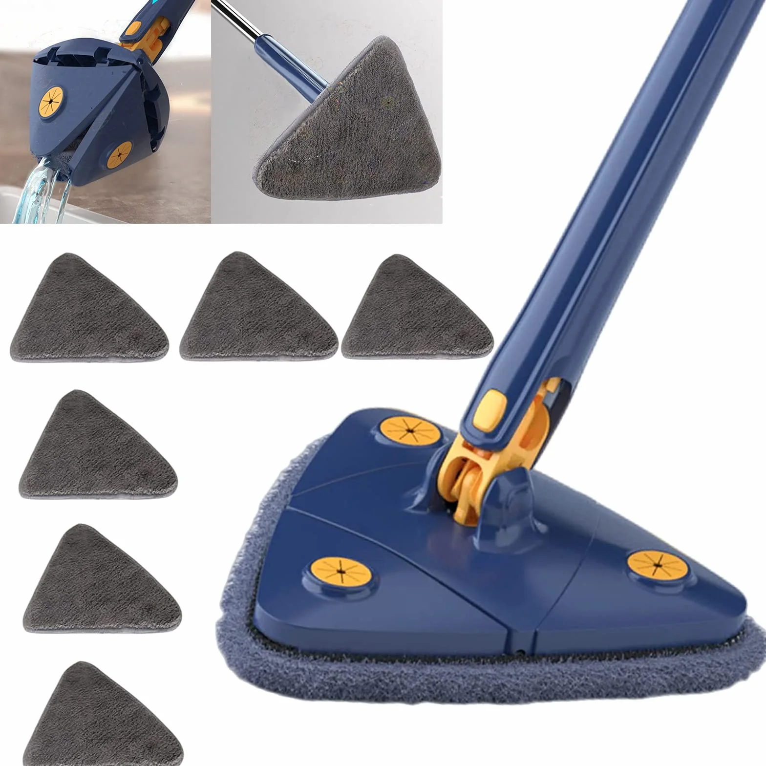Earnmore Trójkątny mop czyszczący o 360 stopni, trójkątny mop teleskopowy, obrotowy, regulowany, wielofunkcyjny, automatyczny mop do wyciskania (niebieski + 6 padów)