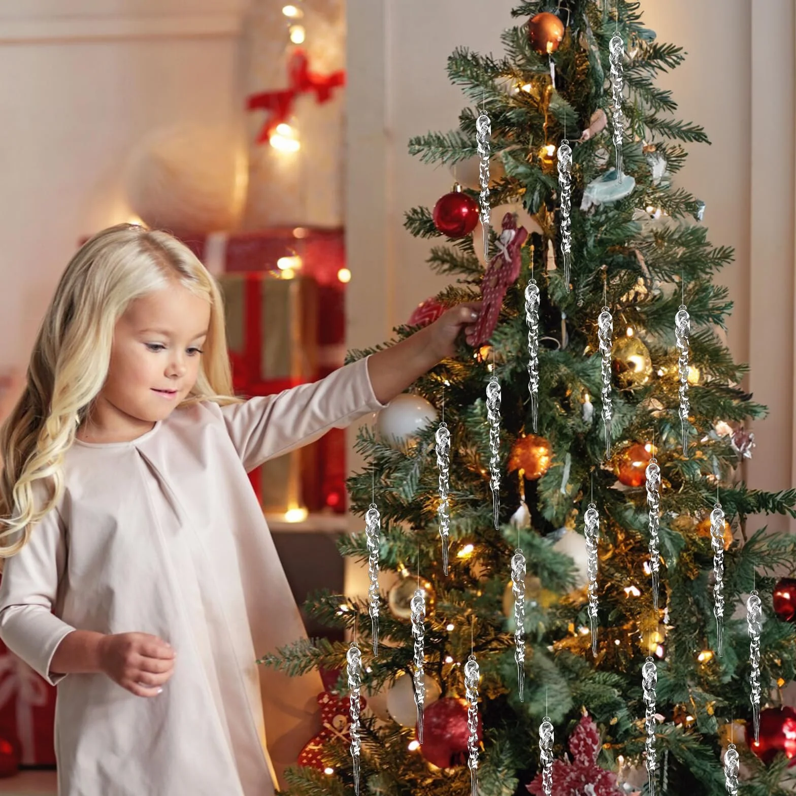 24 szt. przezroczystych akrylowych sopli choinkowych, sople lodu, kryształowe ozdoby w kształcie sopli, przezroczyste akrylowe ozdoby choinkowe, dekoracja choinkowa, na Nowy Rok, wakacje, zimę,