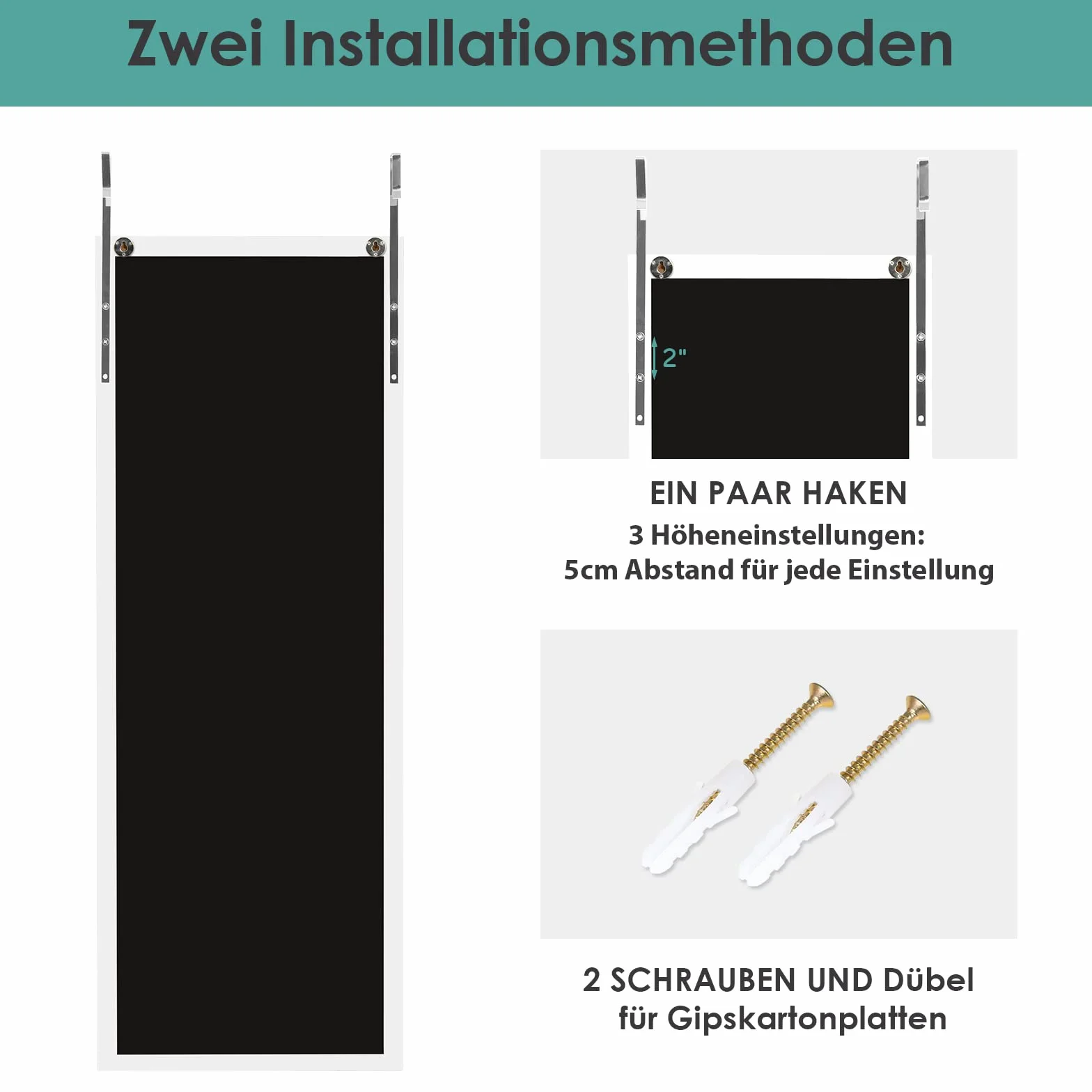 COSTWAY Lustro wiszące na drzwi lub ścianę, lustro pełnopostaciowe z regulowanymi wieszakami, lustro do sypialni, salonu i przedpokoju 120x37cm (Biały)