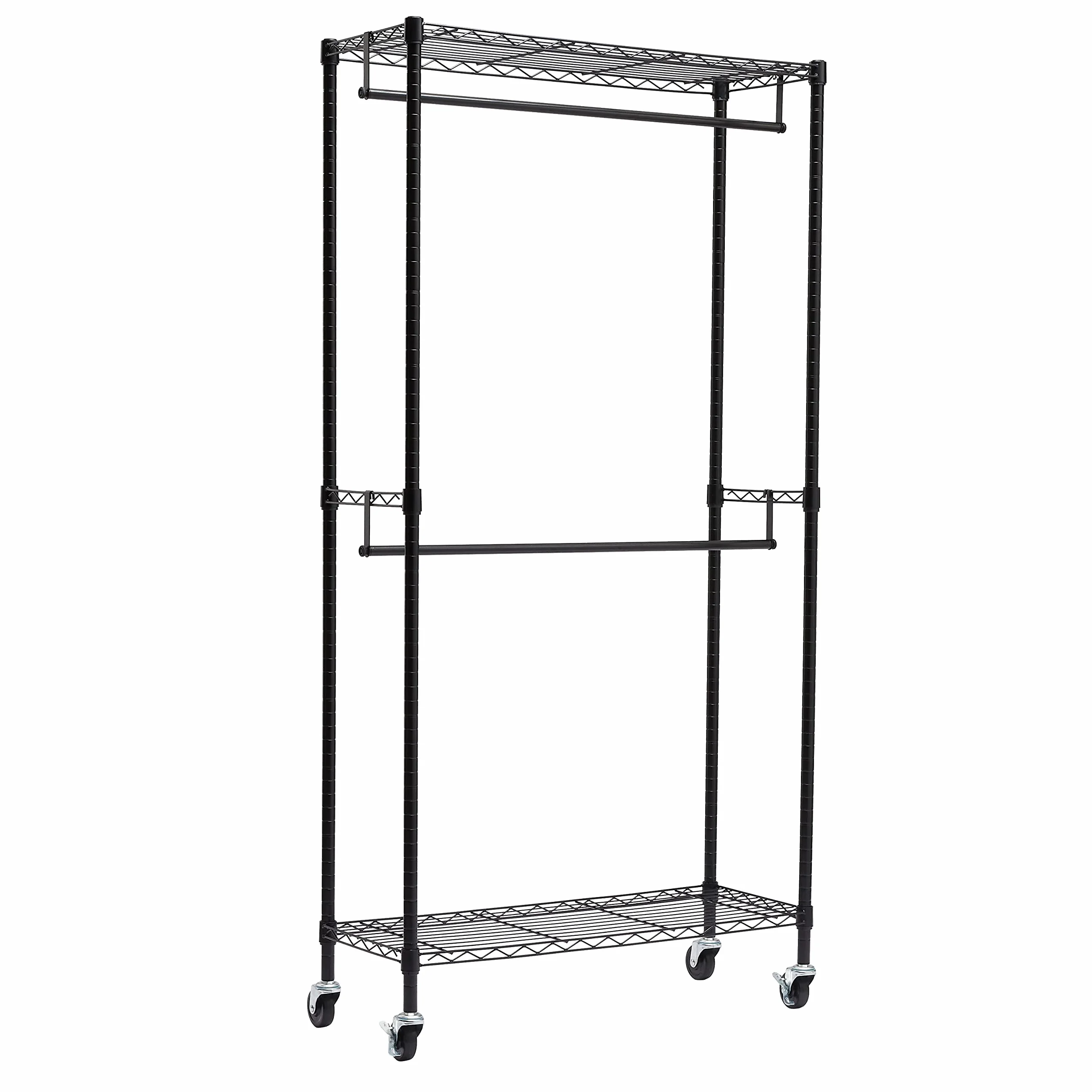 Amazon Basics Regulowany wieszak na ubrania z dwoma drążkami, stojak na kółkach, czarny 91x35,5x183 cm