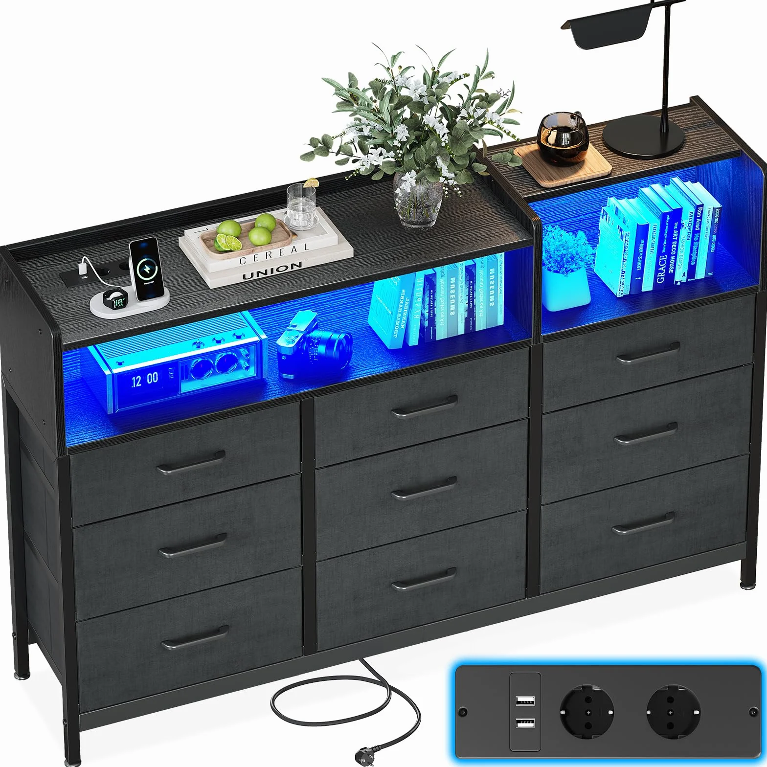 ODK Komoda z szufladami, z 2 gniazdami, 2 USB i 10 kolorowymi paskami LED, komoda z regałem, blat roboczy z 9 szufladami materiałowymi, do sypialni, salonu, 130 x 30 x 97 cm, czarna