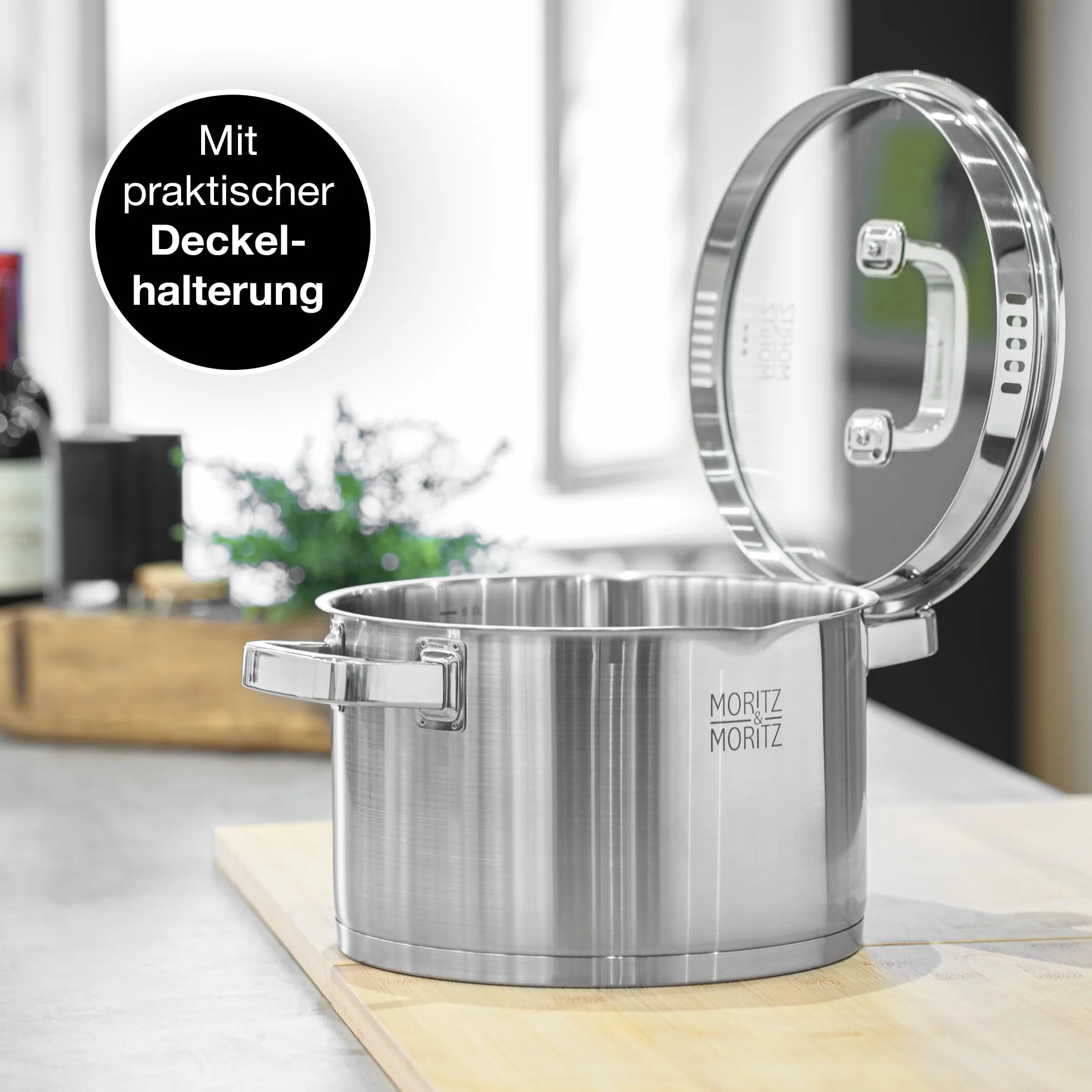 Moritz & Moritz Garnek do gotowania ze stali nierdzewnej 24 cm z sitkiem w pokrywie – skala do 6 l – nadaje się do wszystkich rodzajów kuchenek – idealny do zup i dań jednogarnkowych
