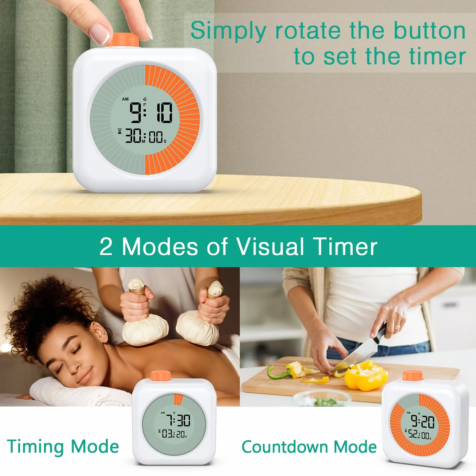 ORIA Cyfrowy timer wizualny 3 w 1 minutnik kuchenny z zegarem alarmem LCD 12/24 h odliczanie 60 minut biały
