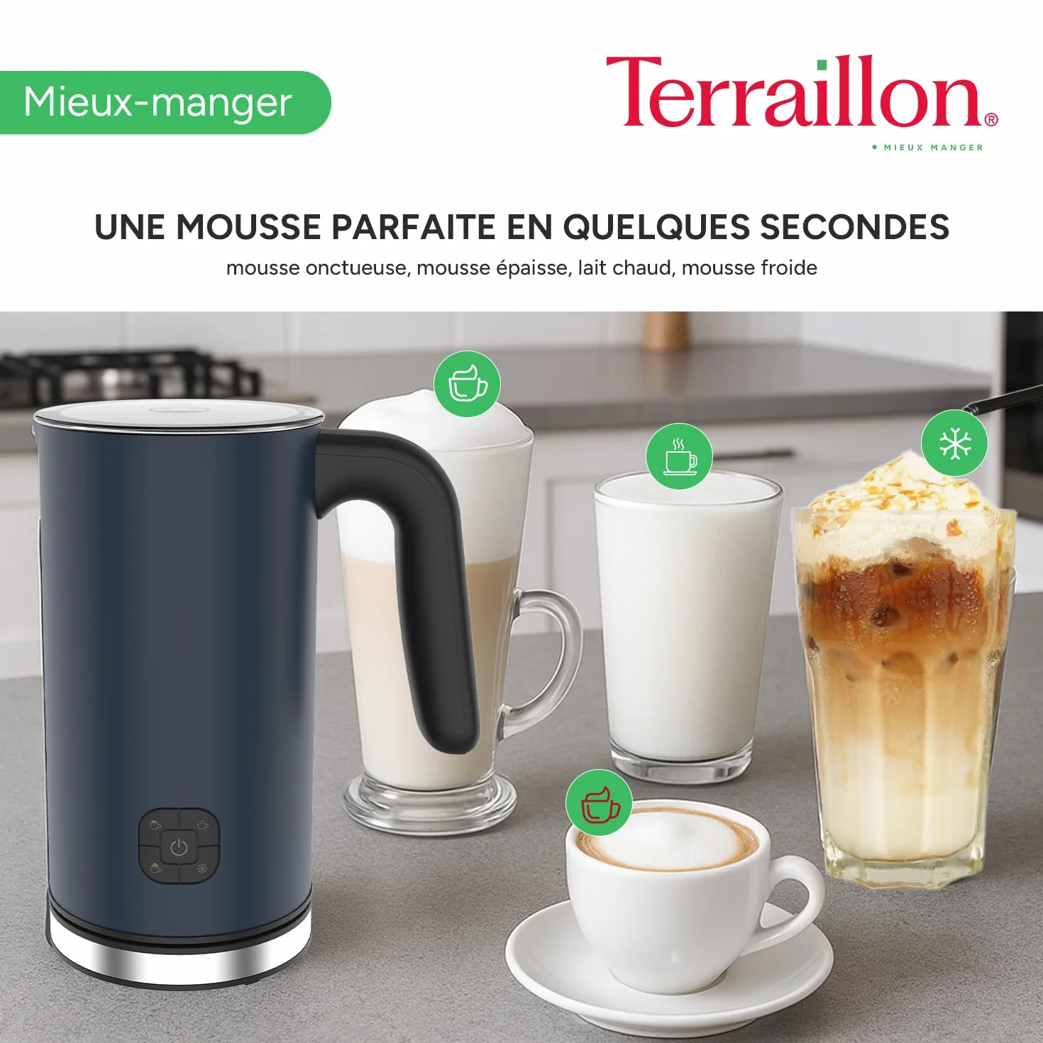TERRAILLON - NEW MOON - Elektryczny spieniacz do mleka, pojemność 300 ml, 4 funkcje, podstawa obrotowa 360°, wskaźnik świetlny, automatyczne wyłączanie, malowany korpus ze stali nierdzewnej, niebieski