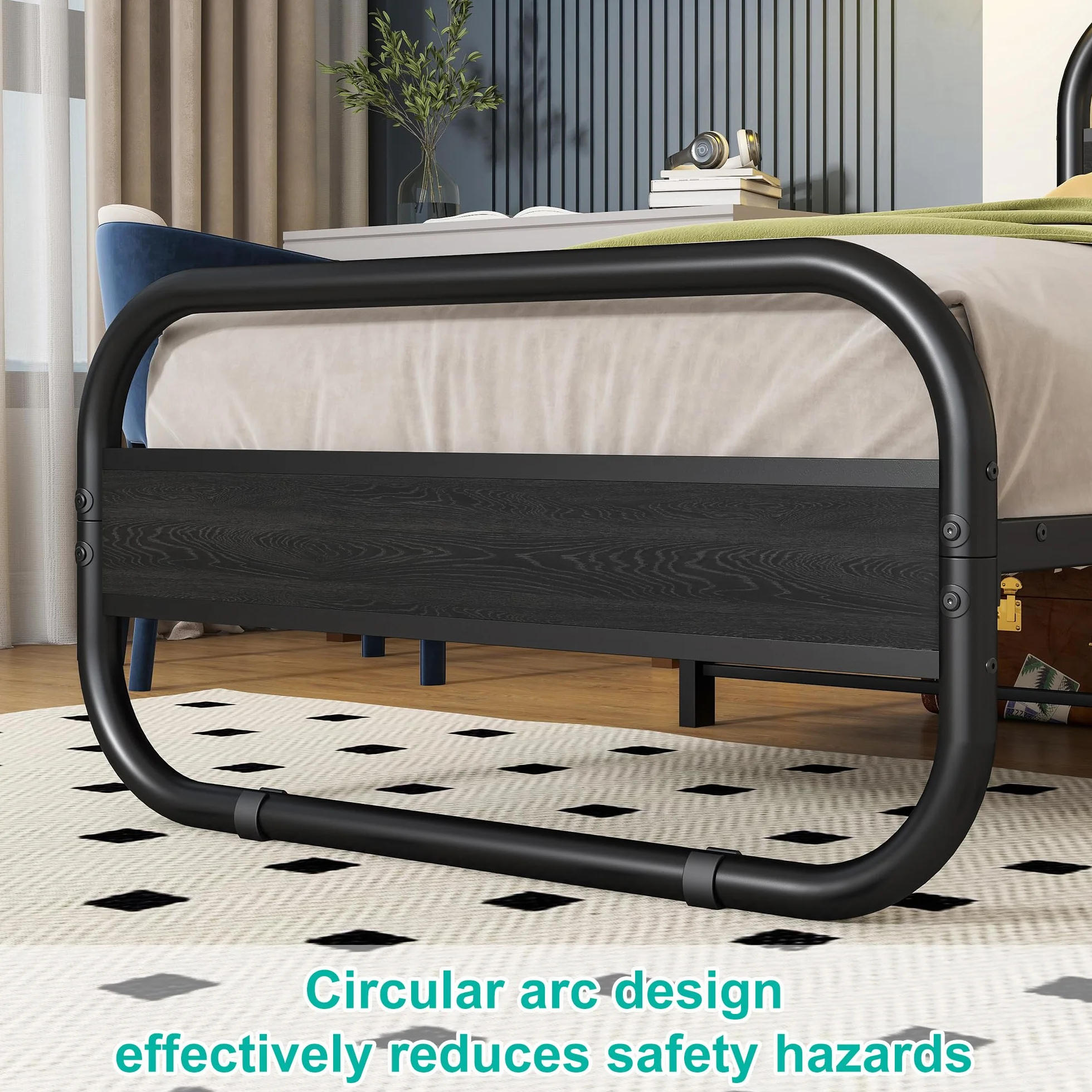 HOMERECOMMEND Łóżko 90 x 200 cm, rama łóżka z metalu i drewna, z listwą dolną, rama łóżka 90 x 200 cm, z zagłówkiem, owalne łóżko z platformą do przechowywania pod łóżkiem, czarna