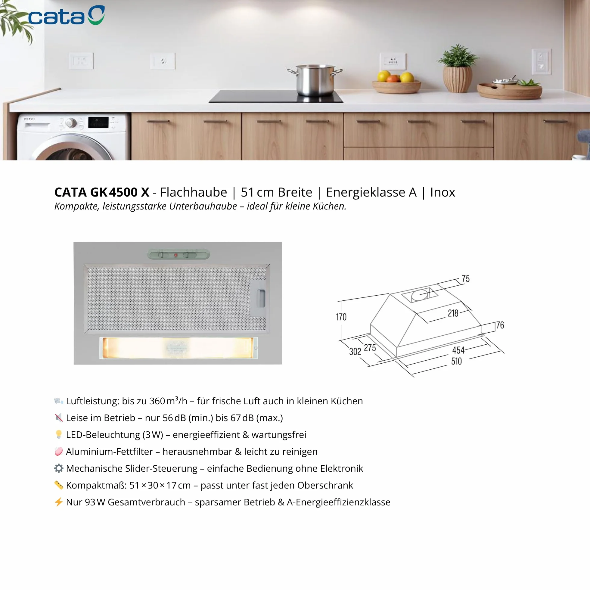 CATA GK 4500 okap kuchenny ze stali nierdzewnej grupa filtrująca maksymalne zużycie energii 90 W system łatwa instalacja filtry zmywalne zmywarka klasa efektywności energetycznej B