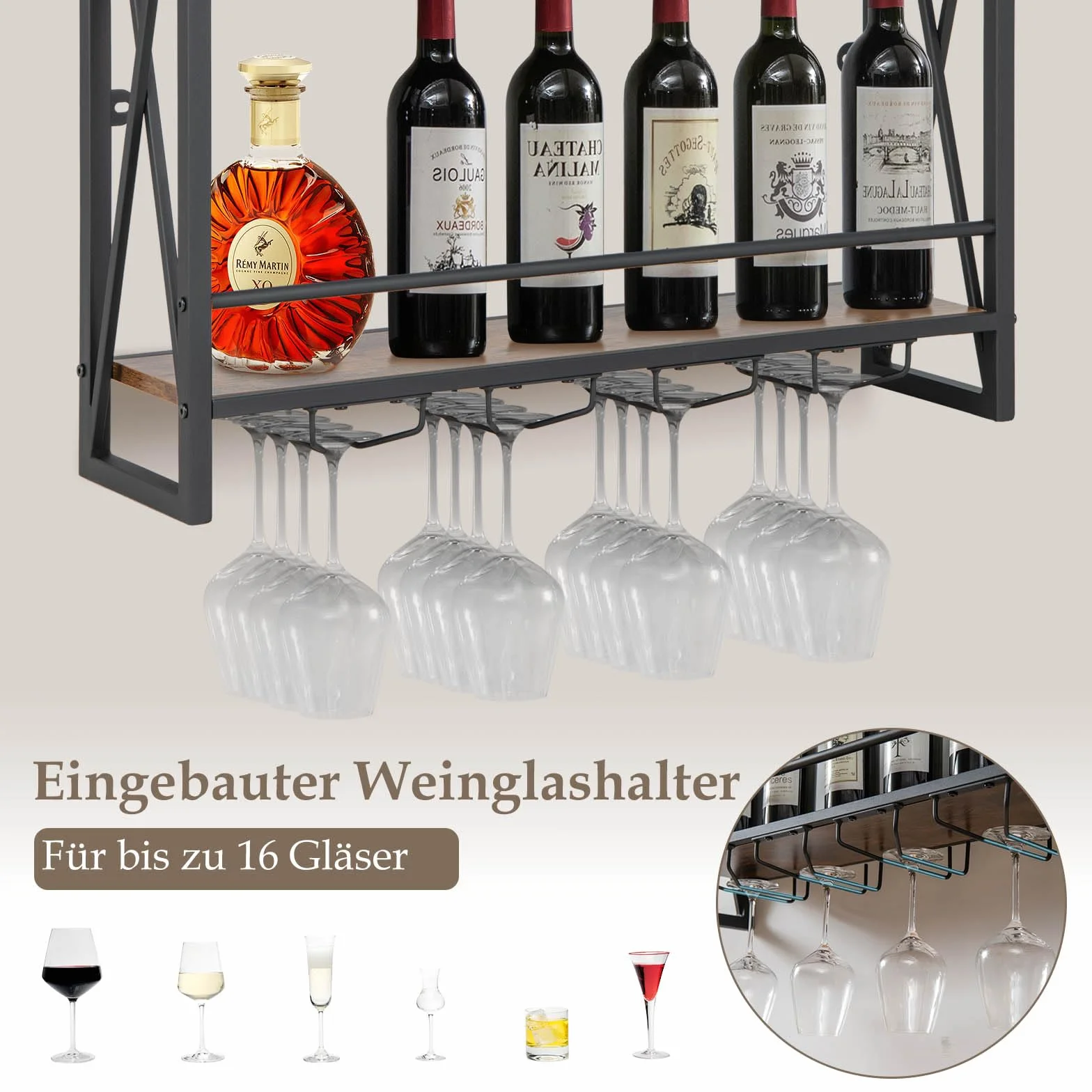 COSTWAY Regał ścienny na wino, 3 poziomy, z metalową ramą, 4 uchwytów na kieliszki, wzornictwo przemysłowe, idealny do domu, baru, kuchni, restauracji