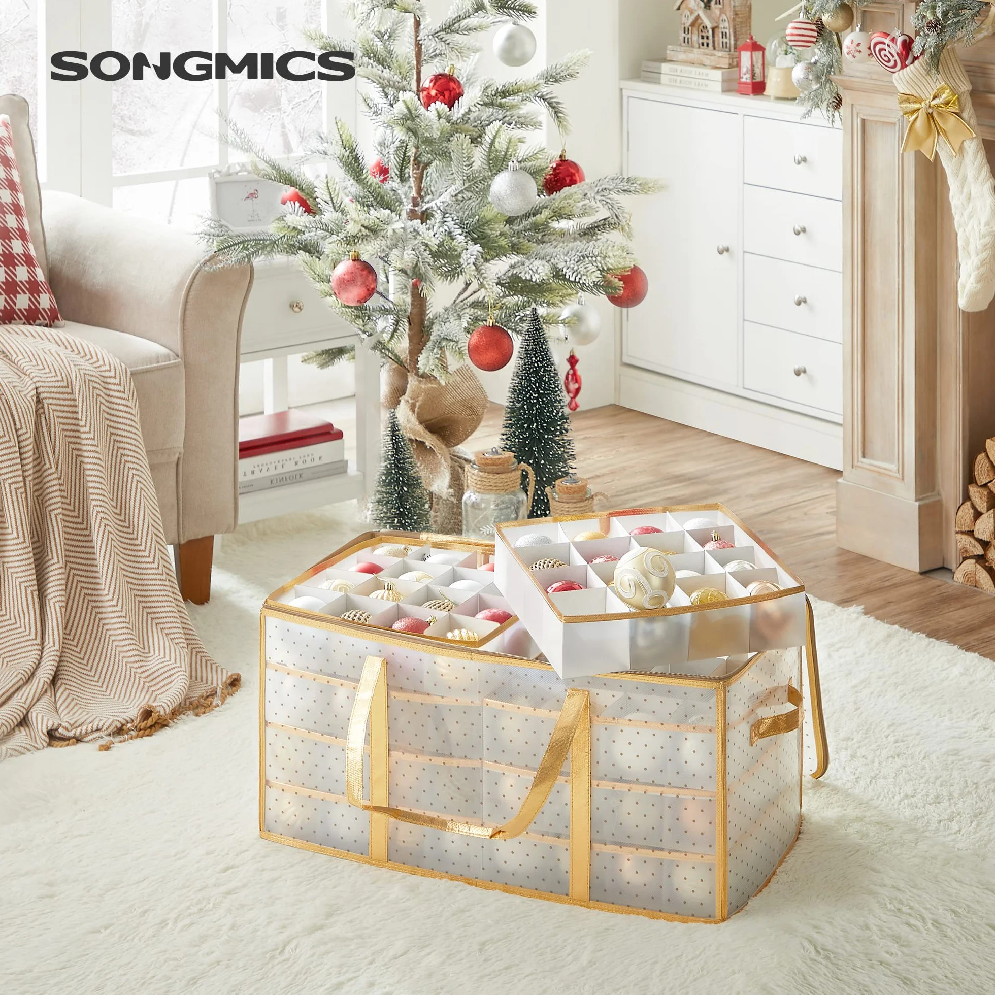 SONGMICS Pudełko do przechowywania 128 przegródek regulowane 67x34x34 cm półprzezroczyste złote RFB029A01
