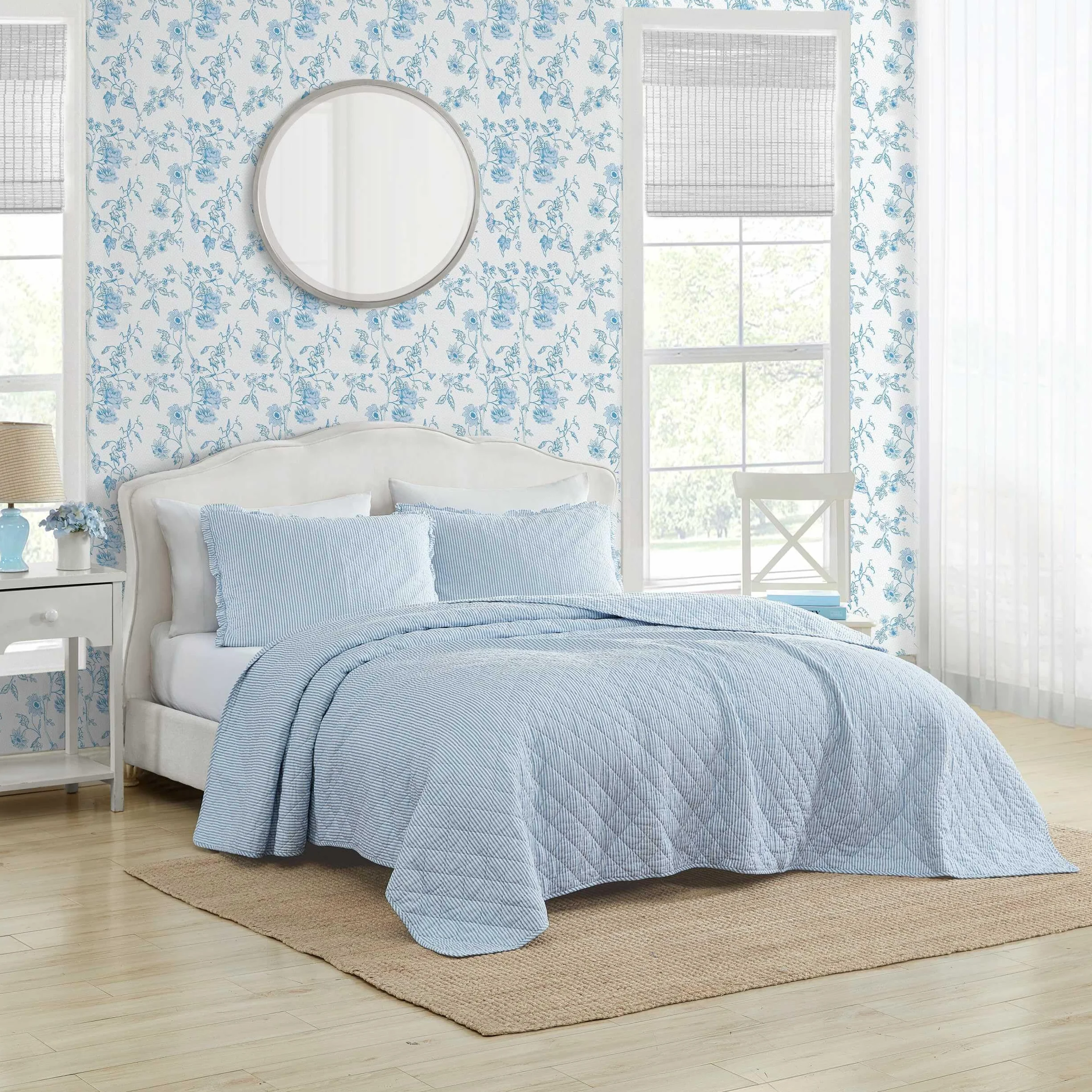 Laura Ashley Quilt Set King Oxford Stripe Blue Super Soft Bedding Sham
