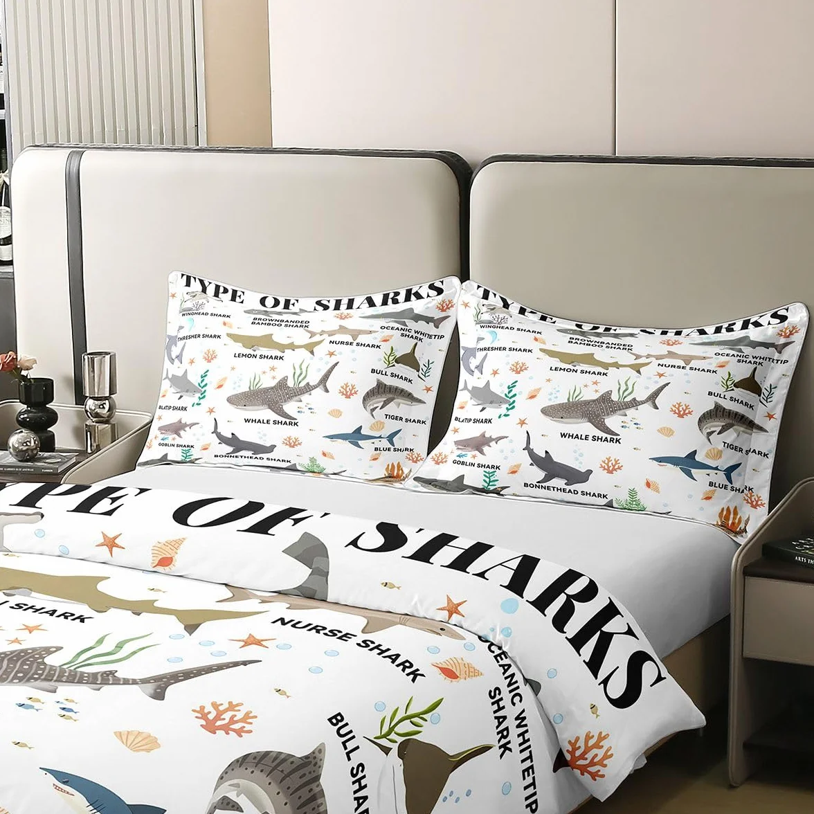 Loussiesd Chłopcy rekiny poszewka na kołdrę 100% bawełna king size chłopcy dziewczęta ocean morze rekin zestaw pościeli oddychająca miękka podwodne zwierzę poszewka na kołdrę 3 szt. morski morski