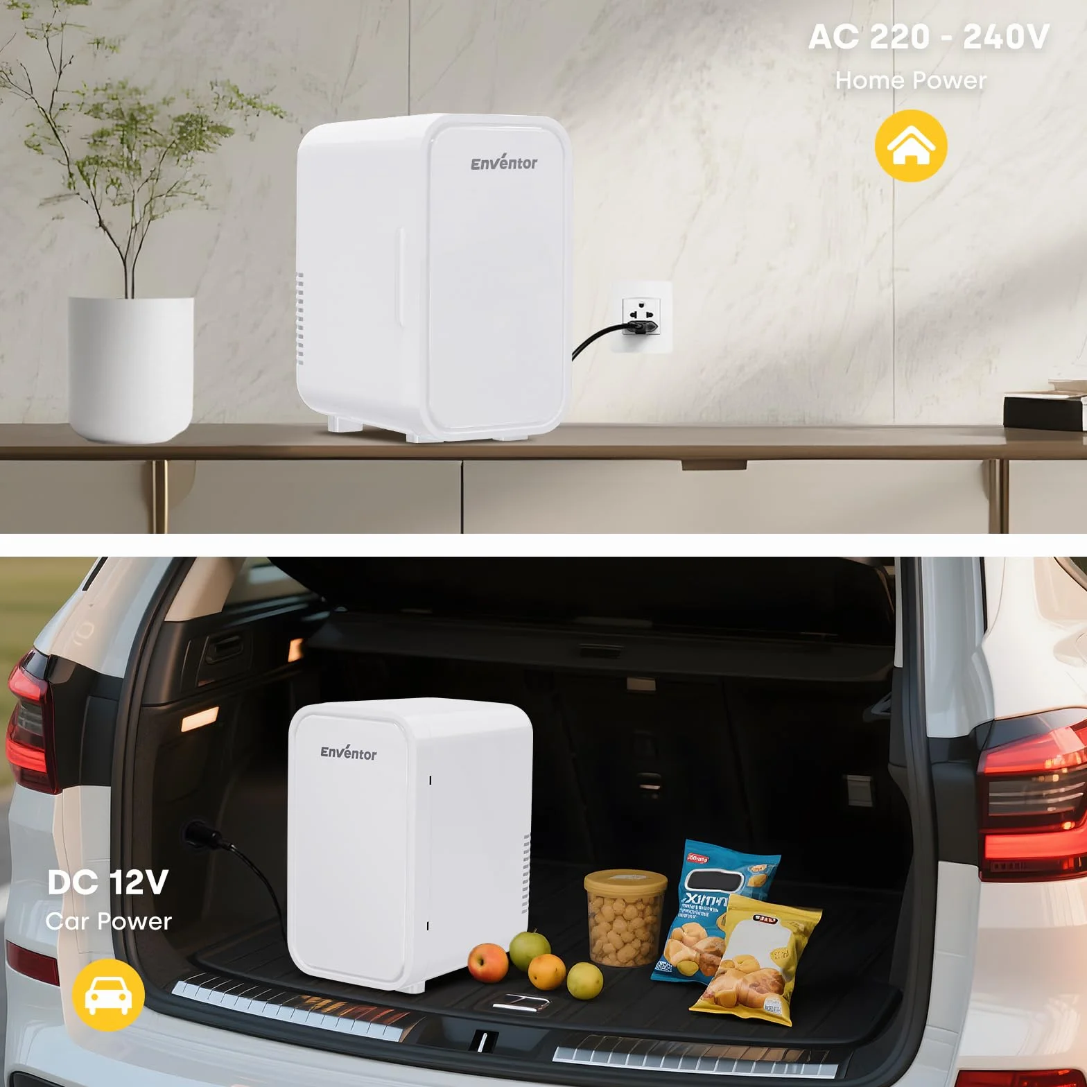 Enventor Mini lodówka, 6 litrów/8 puszek, zasilanie AC+12V DC, przenośna chłodziarka i podgrzewacz, mała lodówka do sypialni, samochodu, pielęgnacji skóry, owoców i napojów, biała