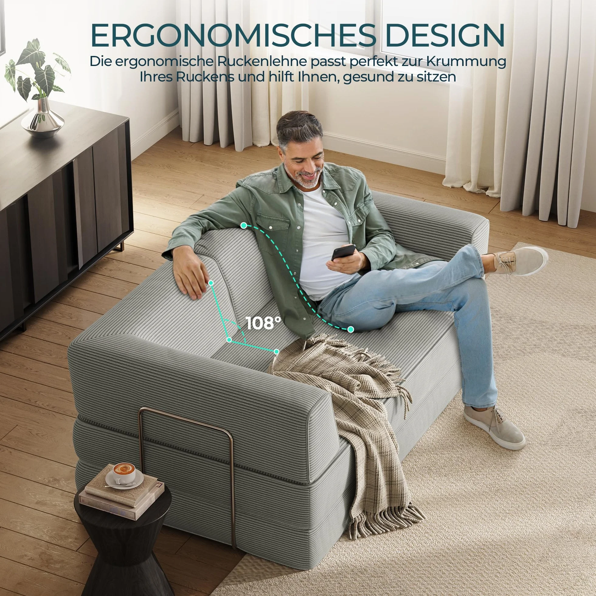 LINSY HOME Sofa z funkcją spania – sofa podłogowa z poduszką na plecy – rozkładana sofa do spania o szerokości 160 cm – tkanina sztruksowa do salonu, sypialni