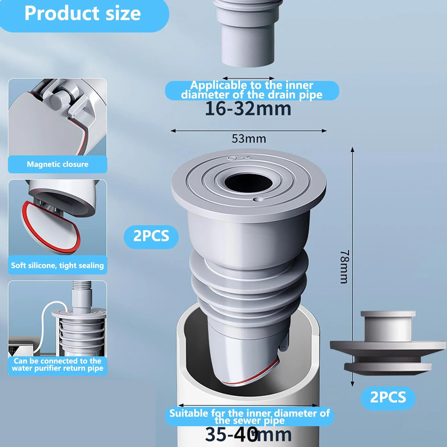 Korek uszczelniający do pralki WISIRENT, 2 szt. 35-40 mm szara uszczelka do węża spustowego pralki, pierścień uszczelniający do węża spustowego wody do pralki