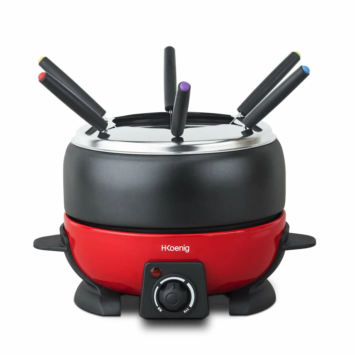 H.Koenig Elektryczne urządzenie do fondue z 6 widelcami, 2 l, stal nierdzewna ALP1800, zestaw do fondue, czekolada, ser, savoyarde, wyjmowana miska, powłoka zapobiegająca przywieraniu, wytrzymała,
