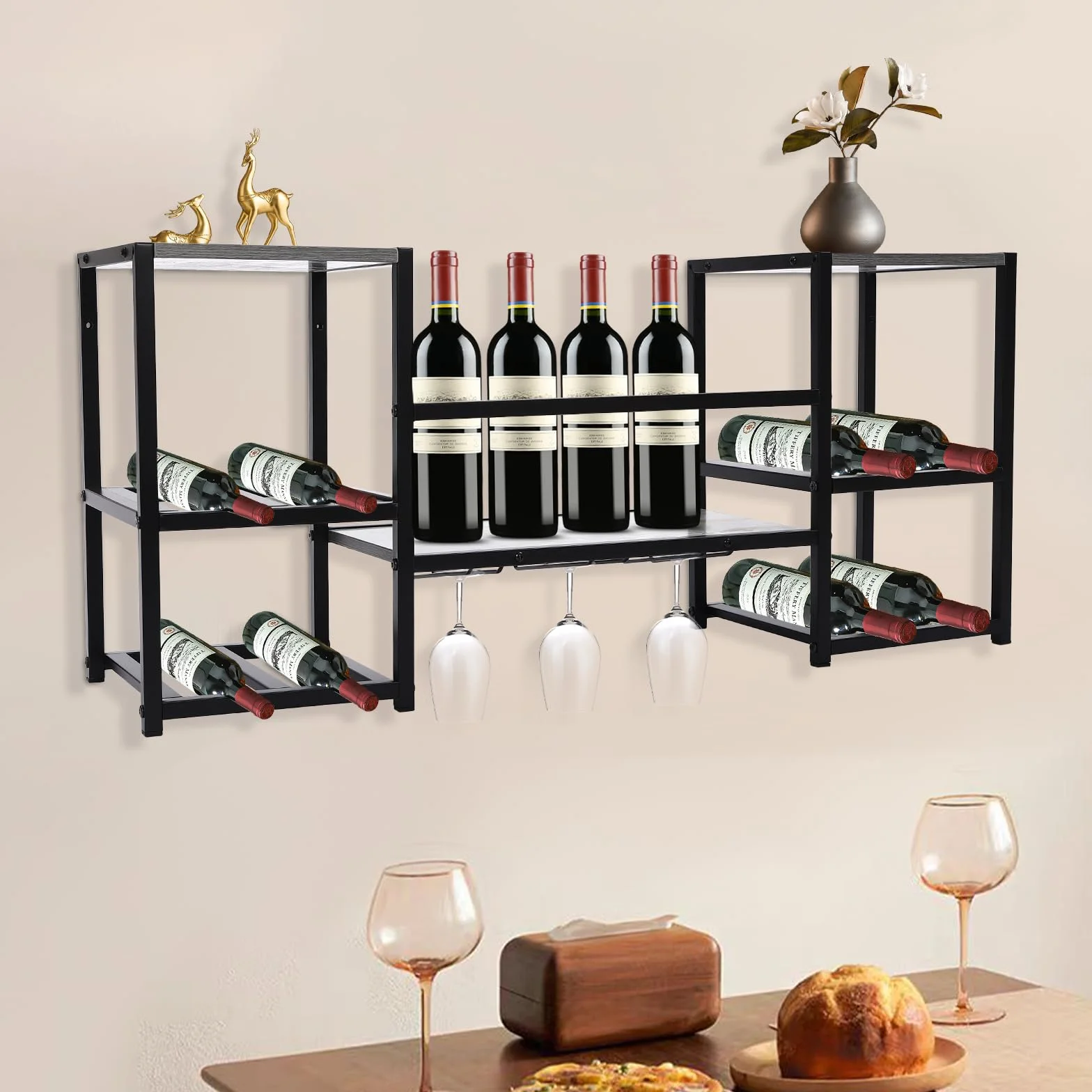 Metalowy regał na wino, ścienny, do baru, na butelki wina, wąski, sufitowy, do zawieszenia na ścianie, 3-poziomowy, do kuchni, salonu, z wieszakiem na ubrania, 86 x 9,8 x 15,7 cm, czarny
