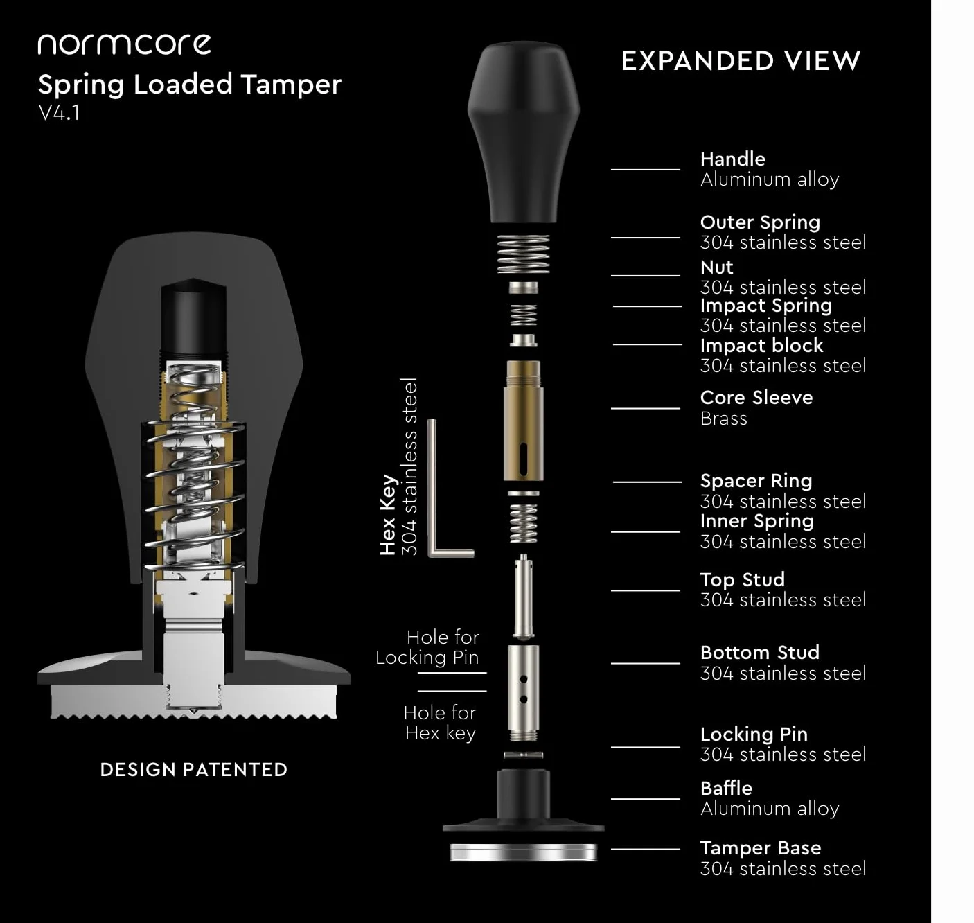 Normcore 58,5 mm tamper do kawy V4.1 z dźwiękiem kliknięcia, sprężynowy tamper do espresso z tytanową powłoką PVD i podstawą Ripple, uchwyt z prawdziwego orzecha amerykańskiego z silikonowym stojakiem