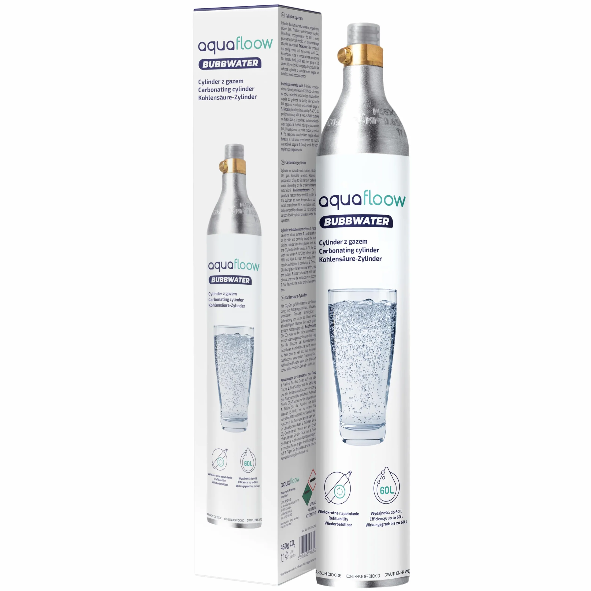 Aquafloow Saturator do Wody Gazowanej z 2 Butelkami 0,8L i Nabojem CO₂ 60L | Domowa Maszyna do Gazowania Wody bez Prądu | Carbonator z Butelkami Wielokrotnego Użytku – Biały