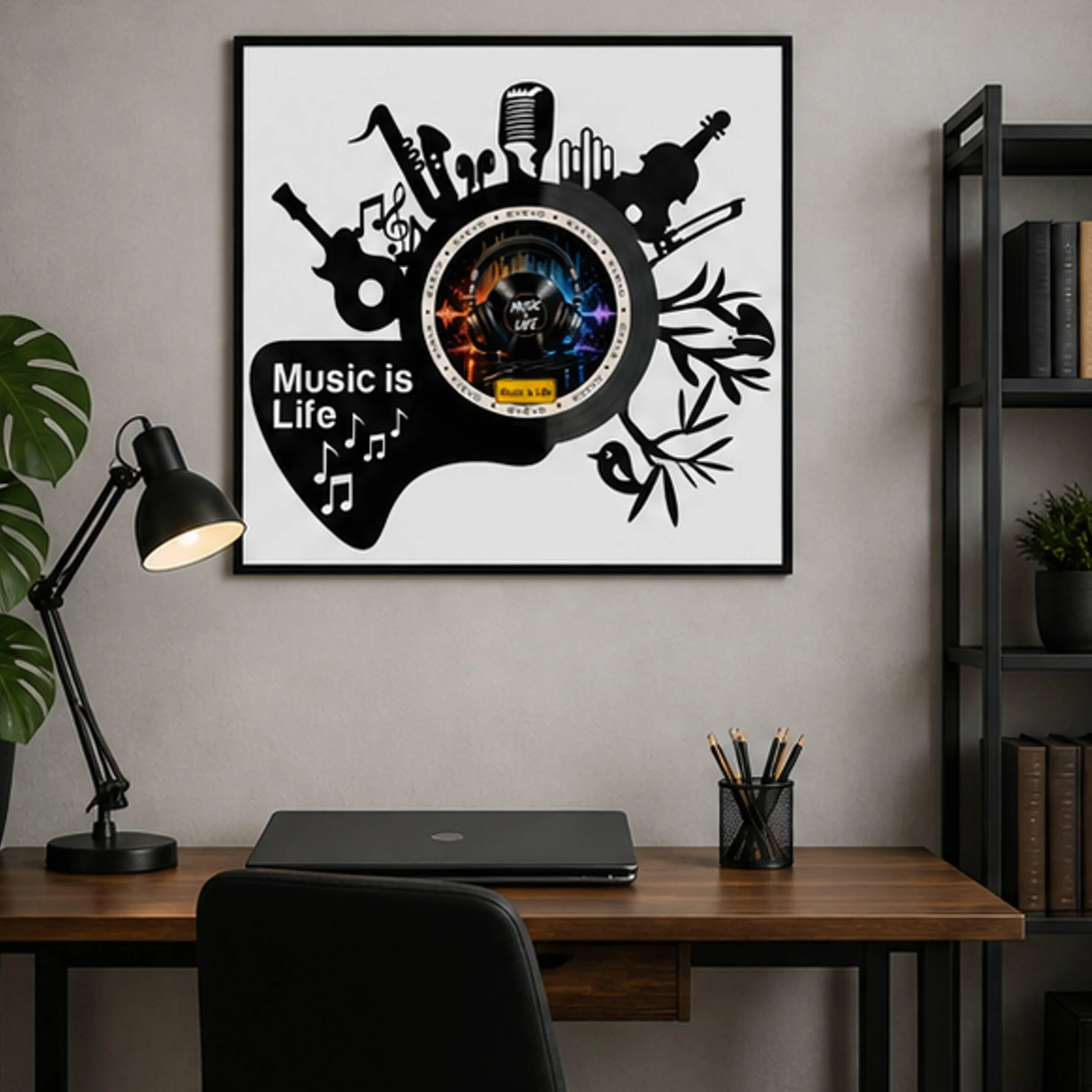 EVEVO Dekoracja ścienna z płyty gramofonowej w ramie 32 x 32 cm Music is Life - winylowa sztuka ścienna, prezent dla muzyków, melomanów audiofilów