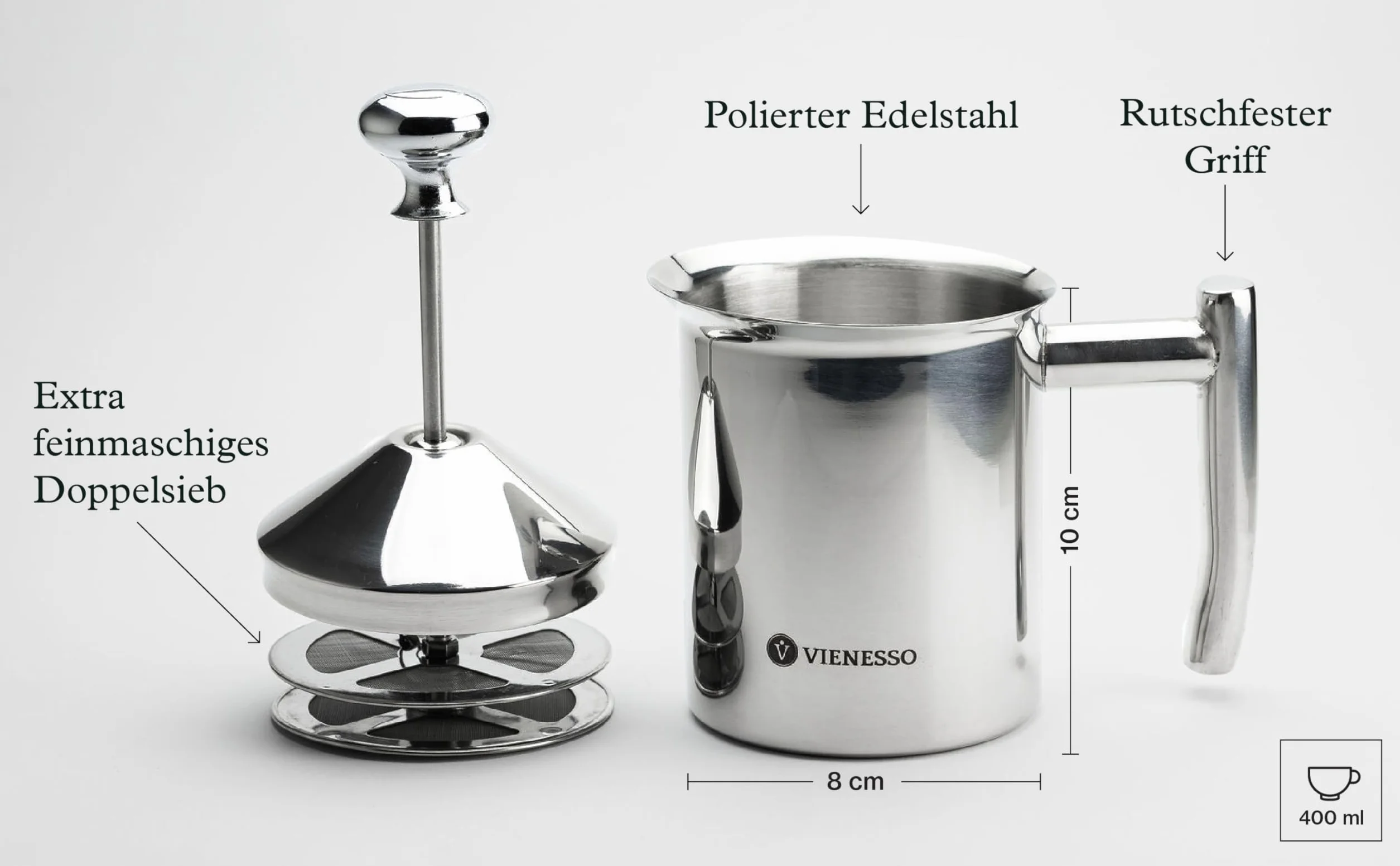 Ręczny spieniacz do mleka ze stali nierdzewnej I ręczny spieniacz do mleka z podwójnym sitkiem z siatki do kremowej pianki mlecznej I 400 ml Milk Frother do cappuccino i latte – nadaje się do
