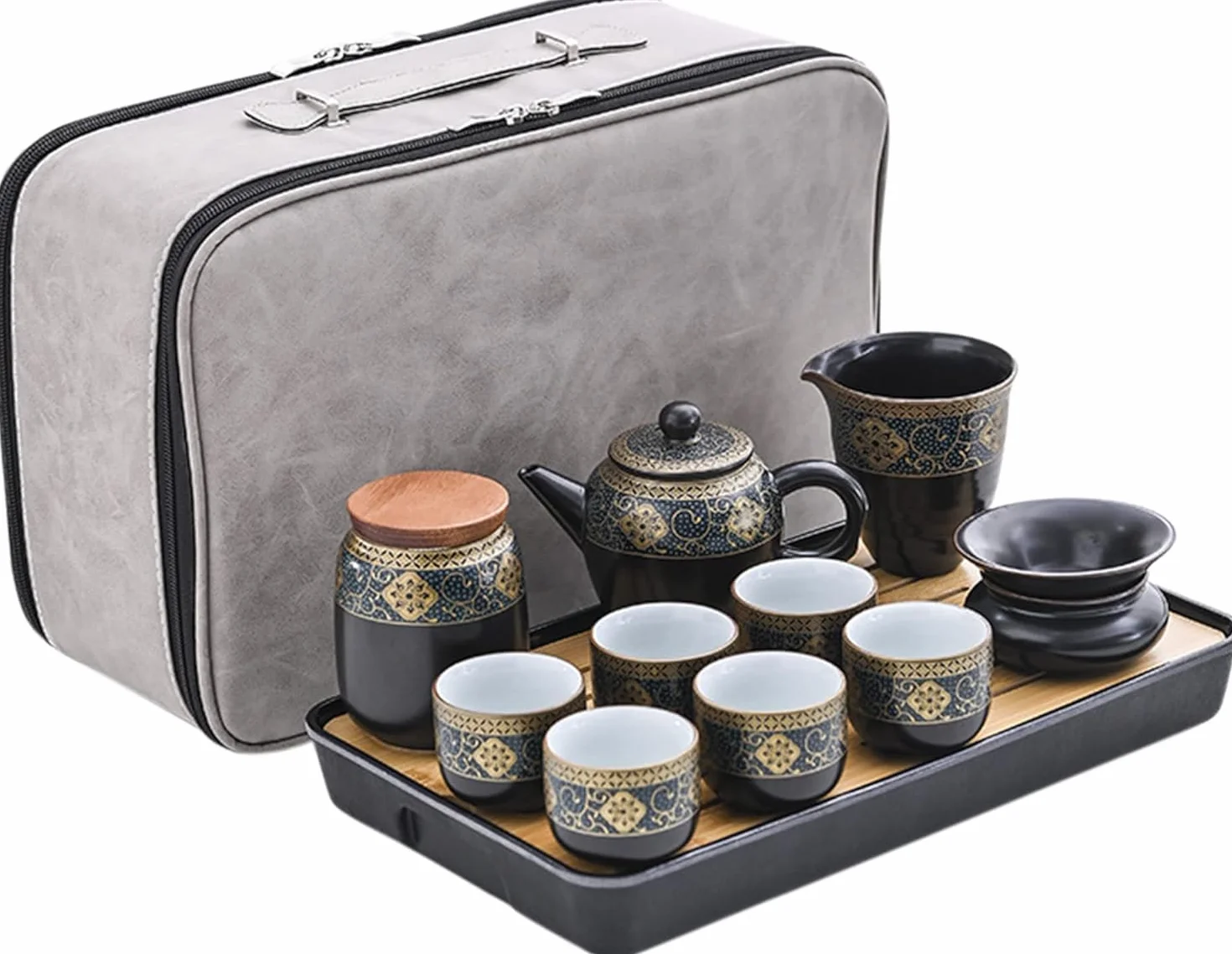 fanquare Chiński złoty ceramiczny zestaw do herbaty Kung Fu, japoński podróżny zestaw do herbaty z tacą, z torbą podróżną, czarny czajniczek do herbaty, zaparzacz