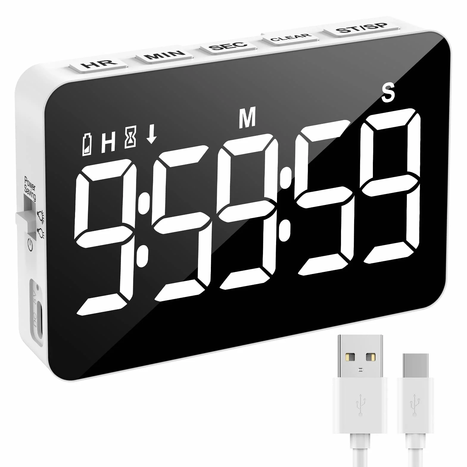 Cyfrowy timer kuchenny z możliwością wielokrotnego ładowania, magnetyczny timer z odliczaniem / do góry, czasomierz dla dzieci z wyświetlaczem LED 5", 3 jasności, 4 poziomy głośności, regulacja