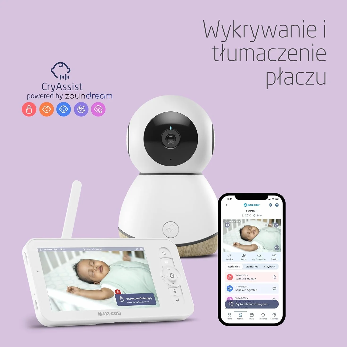 Maxi-Cosi See Pro Kamerka, inteligentna kamerka z aplikacją, kamerka wideo do pokoju dziecięcego, tłumacz płaczu, autowykrywanie ruchu, wideo UHD (2K), ekran 5”, element Maxi-Cosi Connected Home