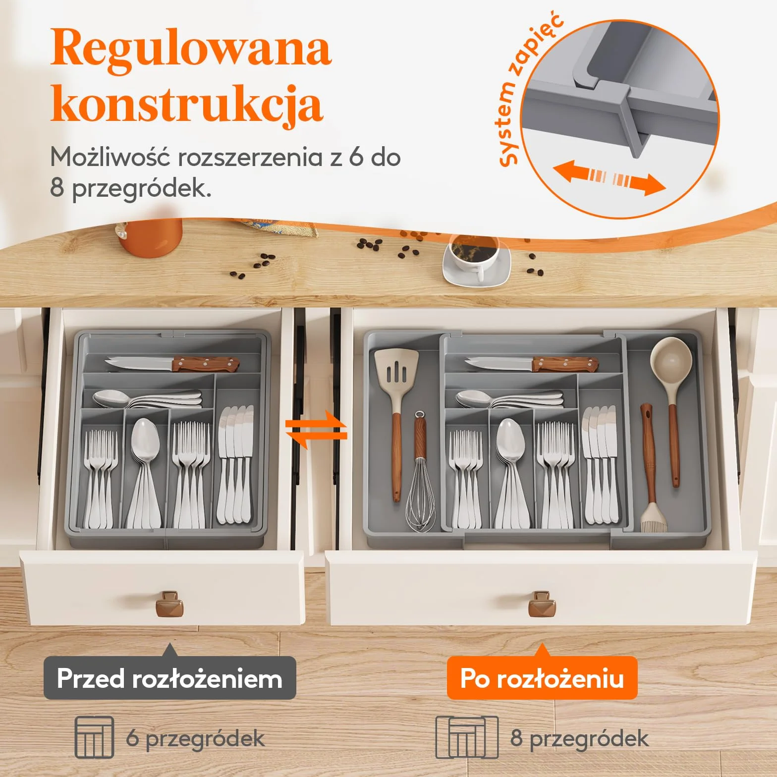 Lifewit Pojemnik na sztućce do szuflady, regulowany wkład, szerokość od 33 do 57 cm, głębokość 42,4 cm, uchwyt z tworzywa sztucznego
