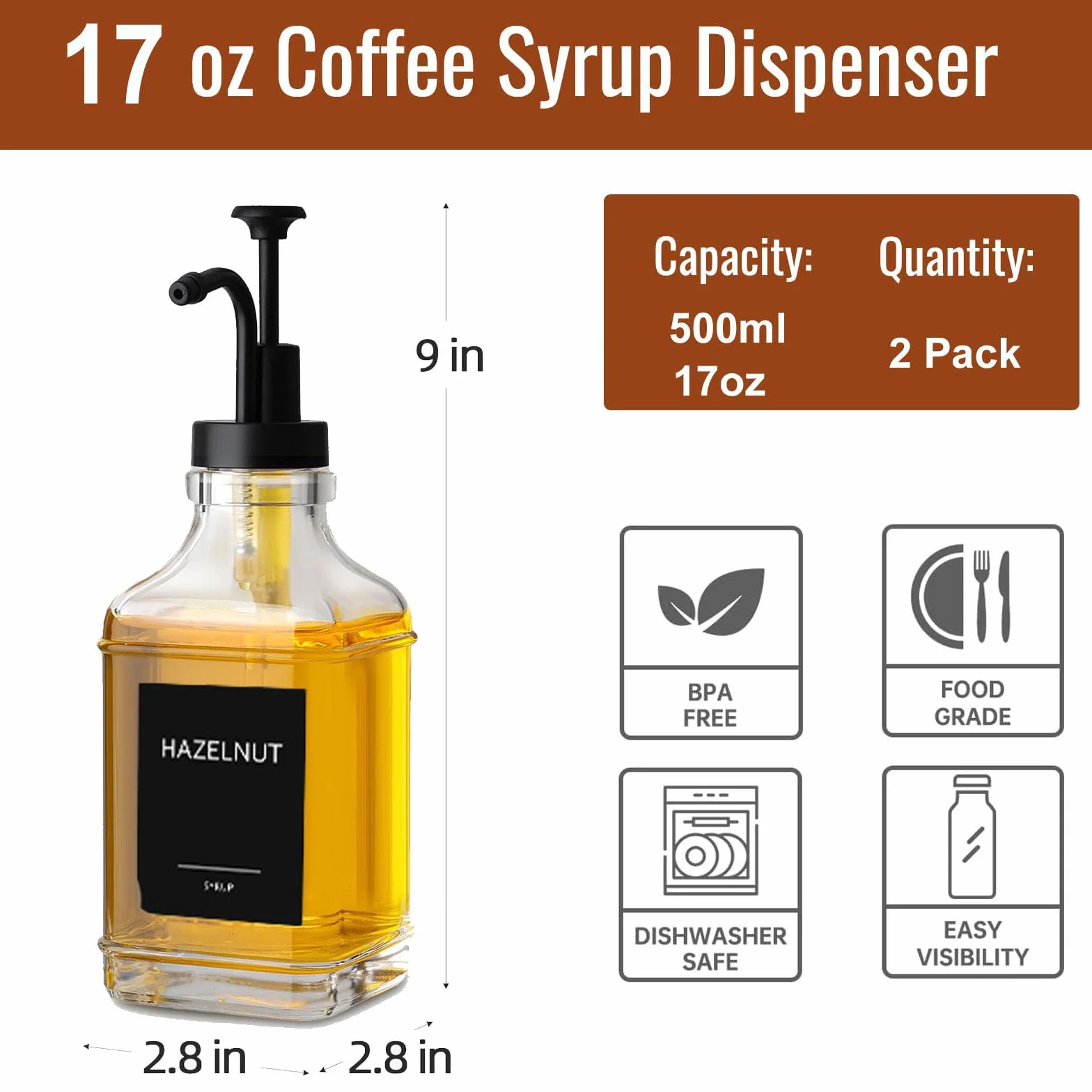 AXIM Dozownik z pompką do syropu kawowego, szklana butelka syropu 500 ml z pompką i etykietami, butelki na syrop do organizera stacji kawiarni