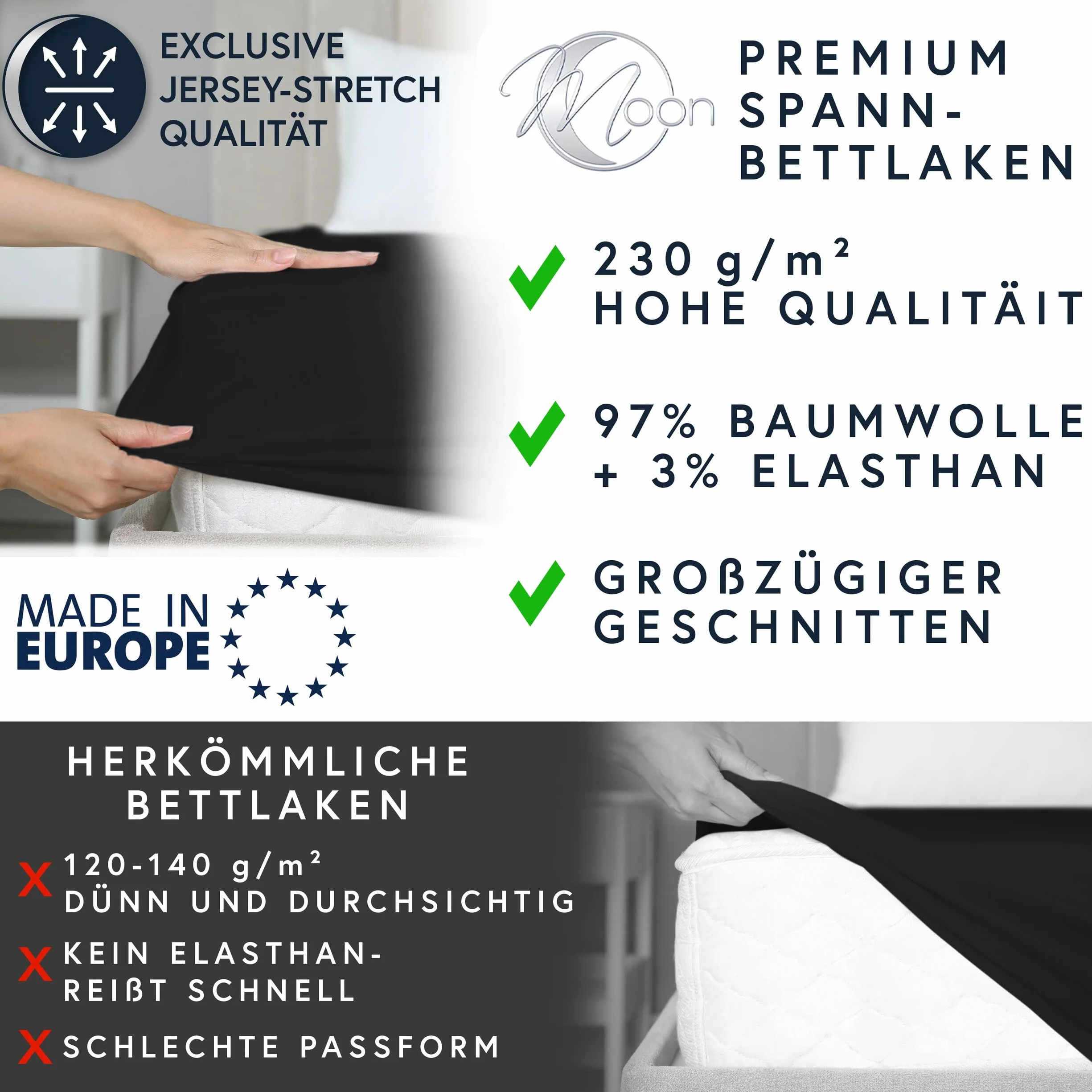 Moon - Luksusowe prześcieradło z gumką Jersey Stretch 230 g/m² do łóżek wodnych, łóżek kontynentalnych i tradycyjnych materacy (czarne, 200 x 220 – 220 x 240)