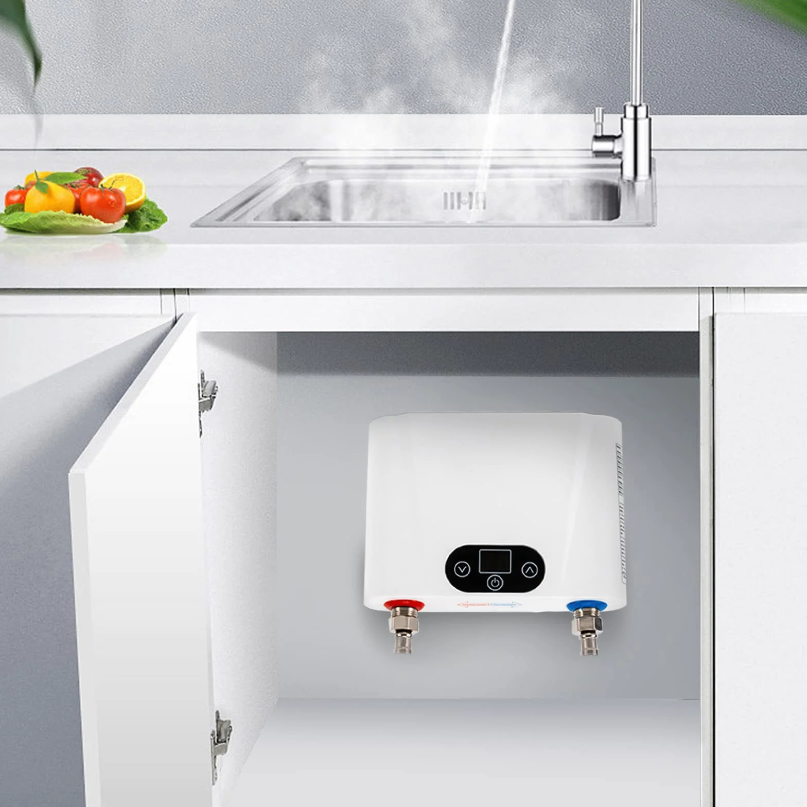 Elektryczny mały przepływowy podgrzewacz wody ABS + odlew aluminiowy, elektroniczny podgrzewacz wody, wodoszczelny, IPX4, mini urządzenie kuchenne ze wskaźnikiem temperatury LED do kuchni