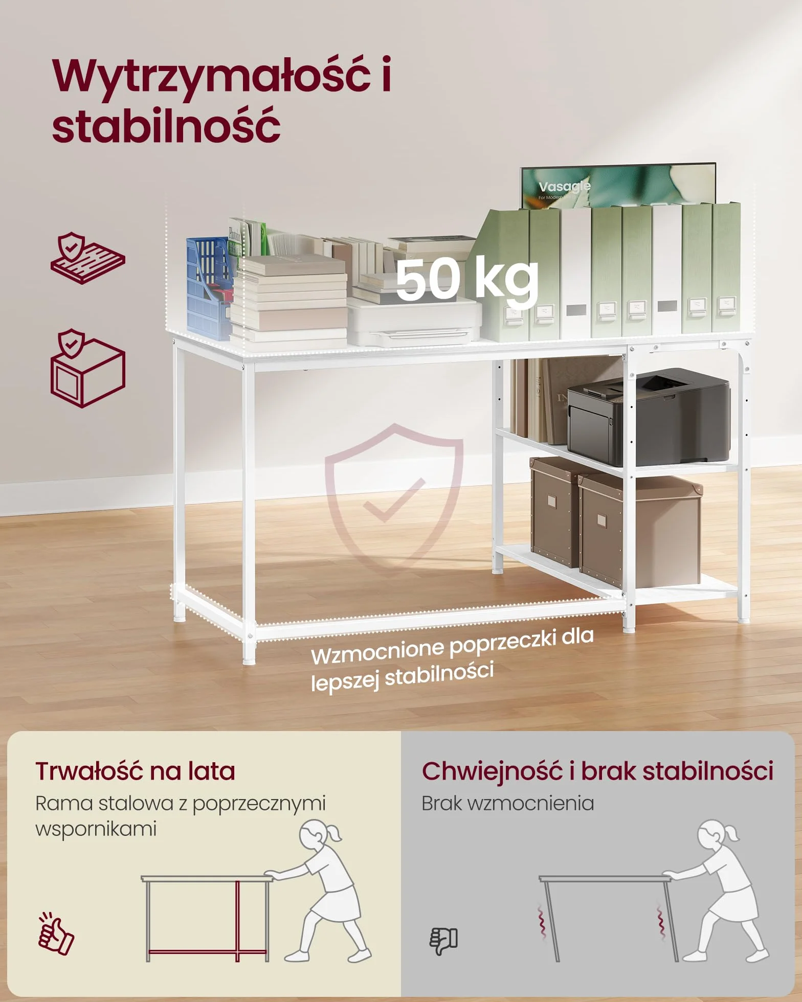 VASAGLE Biurko narożne w kształcie litery L, biurko komputerowe z miejscem do przechowywania, dwustronne półki z regulacją wysokości, do domowego biura, 120 x 80 cm, klon biały LWD136WF01