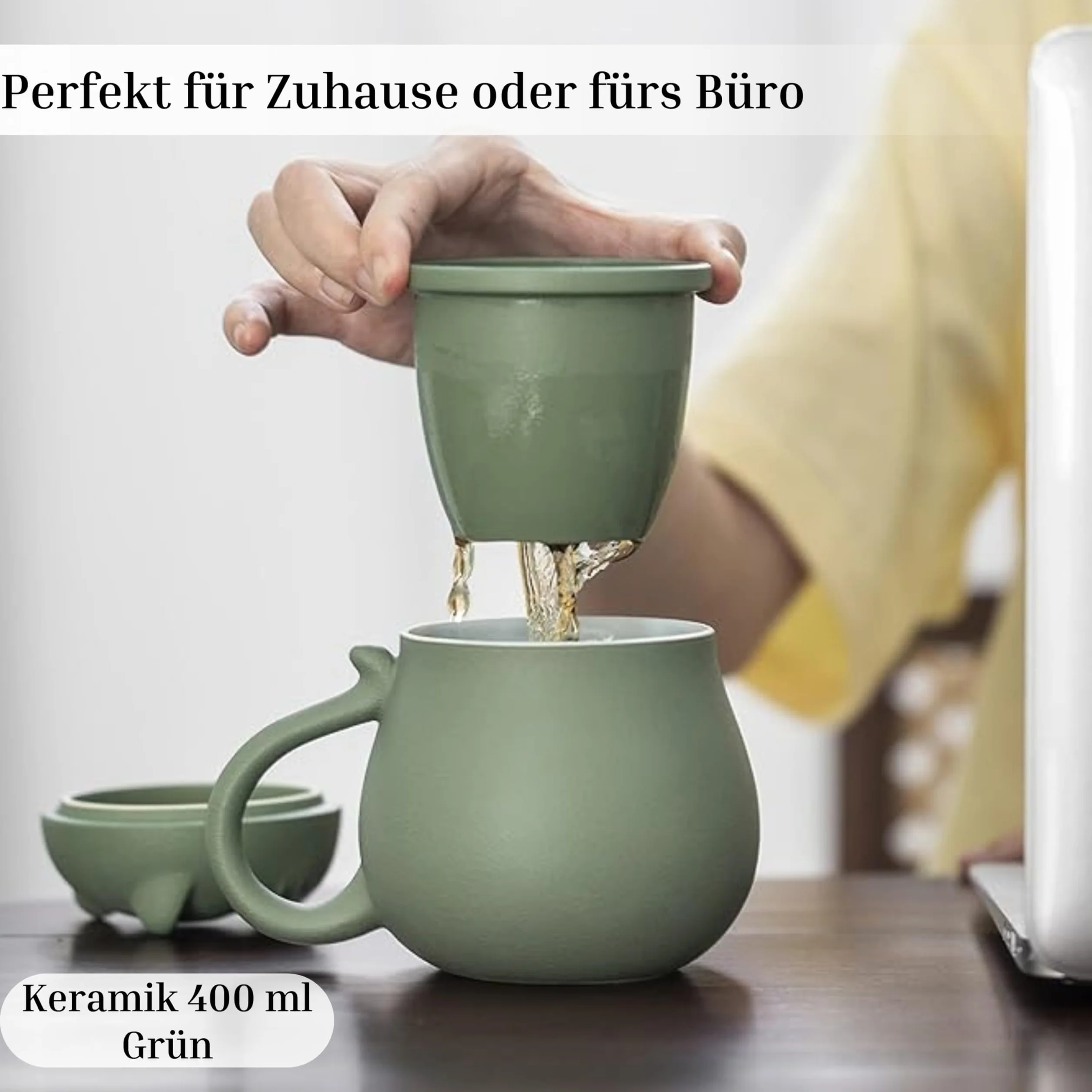 Ceramiczna filiżanka do herbaty, 400 ml, kompletny zestaw z pokrywką i sitkiem, wzór kota, na luźne liście i zioła, praktyczny prezent dla rodziny - zielony