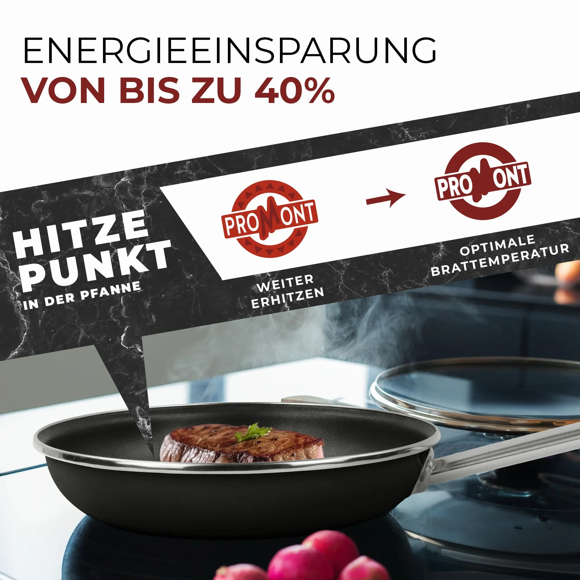 Patelnia energooszczędna 28 cm, oszczędność do 40% – stal emaliowana, nieprzywierająca, czarna, patelnia do wszystkich rodzajów kuchenek, w tym indukcyjna, nadaje się do piekarnika do 230°C,