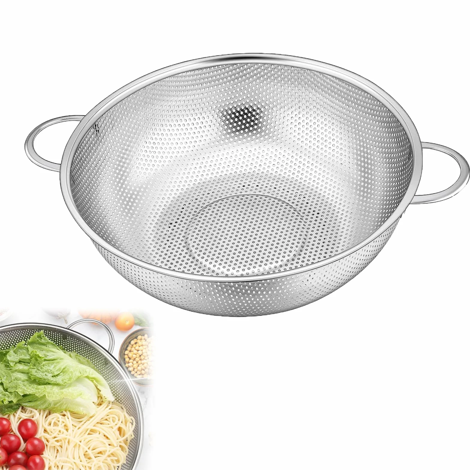 Sitko, sitko kuchenne ze stali nierdzewnej z uchwytami, sitko do makaronu, mikroperforowane sitko, metalowy cedzak kuchenny, kosz sitowy na makaron, warzywa i owoce, ryż, nadaje się do mycia w