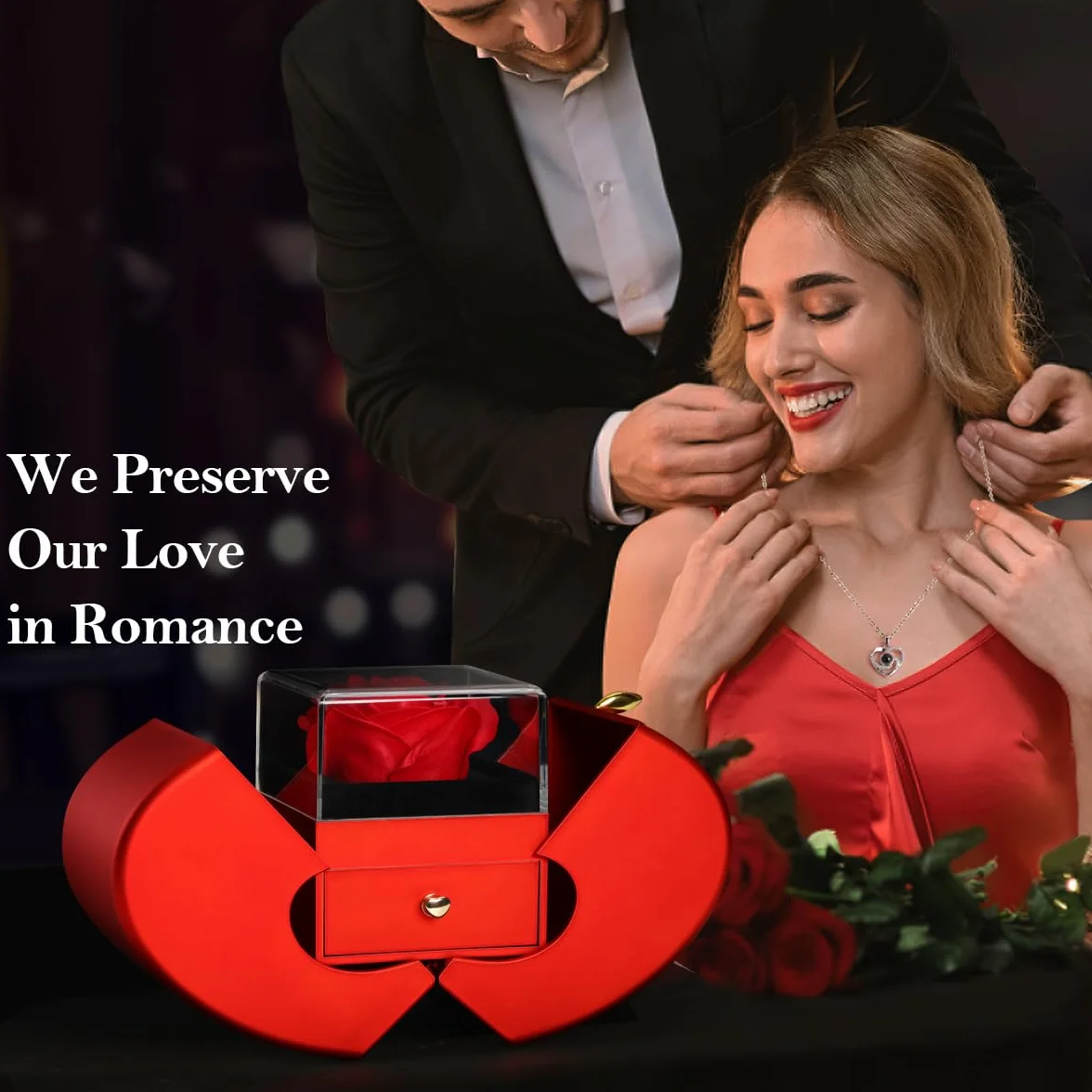 Emibele Mother's Day Preserved Red Rose for Women Mom Grandma, Eternal Flower Rose Box with Heart Necklace I Love You 100 Languages, Gifts for Wife Girlfriend Her on Valentines Birthday Anniversary