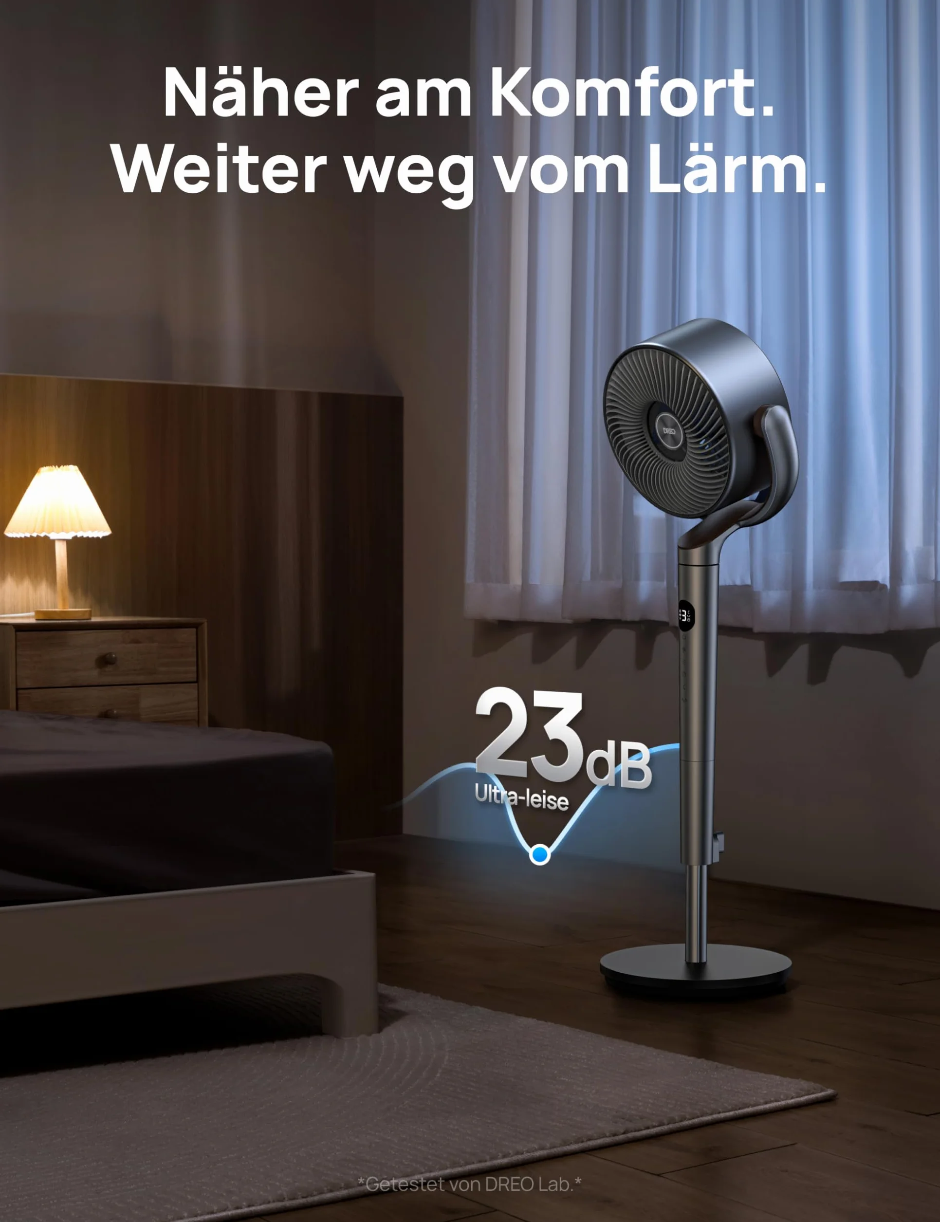 Dreo Cichy wentylator stojący 23 dB, wielokierunkowy wentylator oscylujący 120°+120°, odległość wiatru 24 m, objętość powietrza 1200 m³/h, prawdziwy turbo cyrkulator powietrza, wysokość 102 cm, 3
