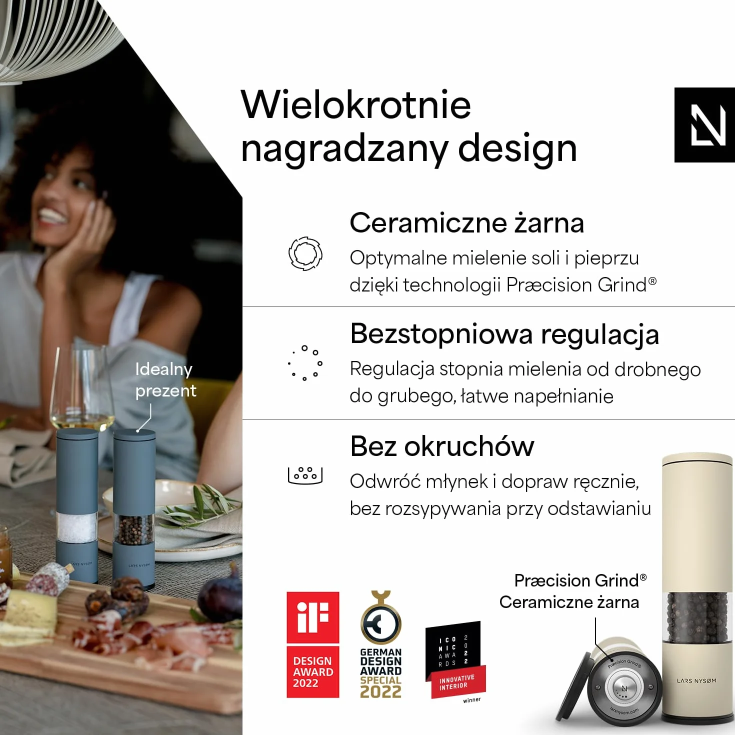 LARS NYSØM Młynek do soli i pieprzu 2 sztuki Ręczny z regulowanym ceramicznym młynkiem od gruboziarnistego do drobnego I Zestaw młynków do przypraw (2 sztuki) (Almond Beige)