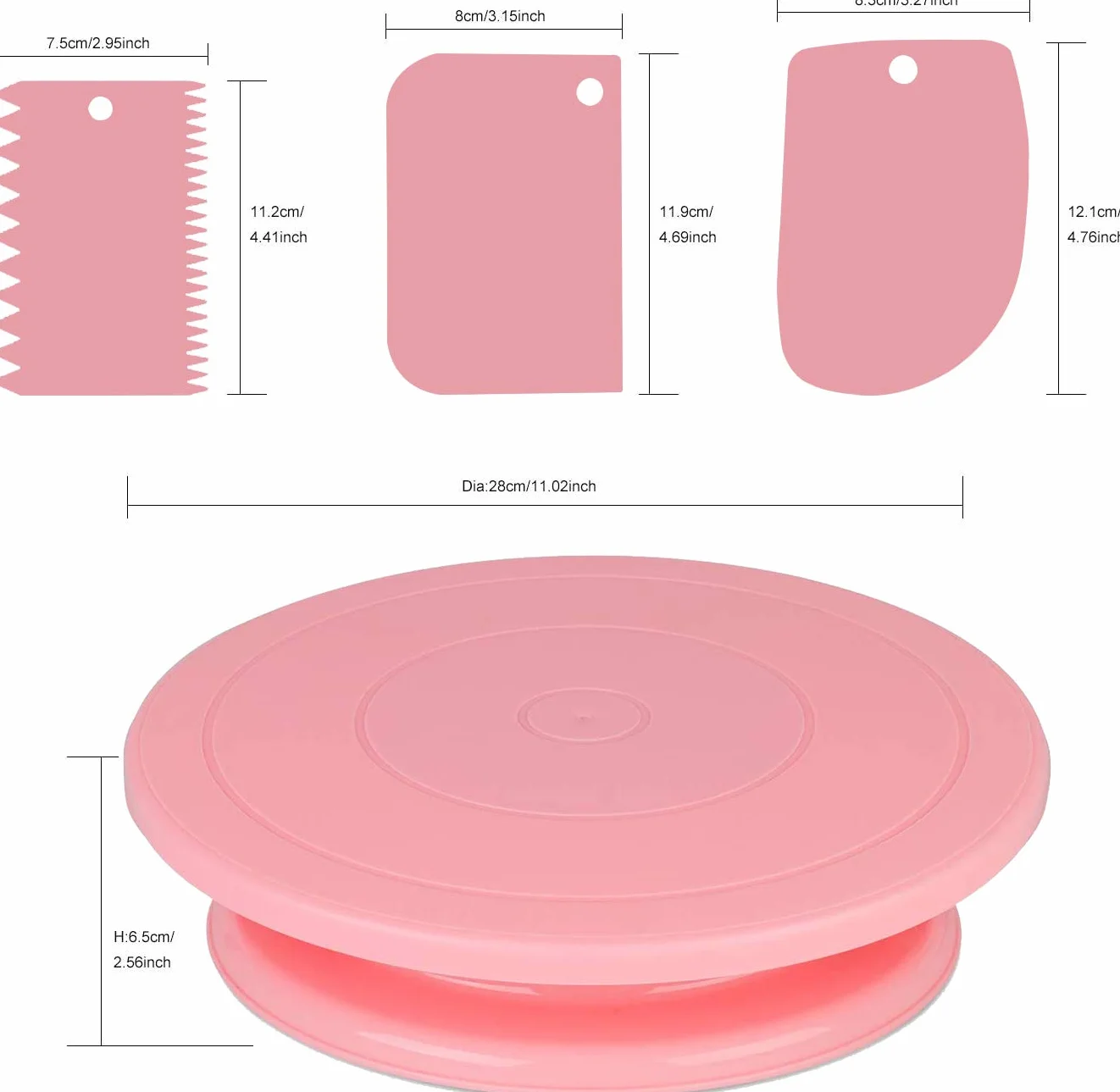 Gramofon do dekorowania ciast, materiały do dekorowania ciast z grzebieniem dekoracyjnym/gładkim lukrem (3 szt), 2 szpatułki do lukru z bokami i kątami... (różowa)