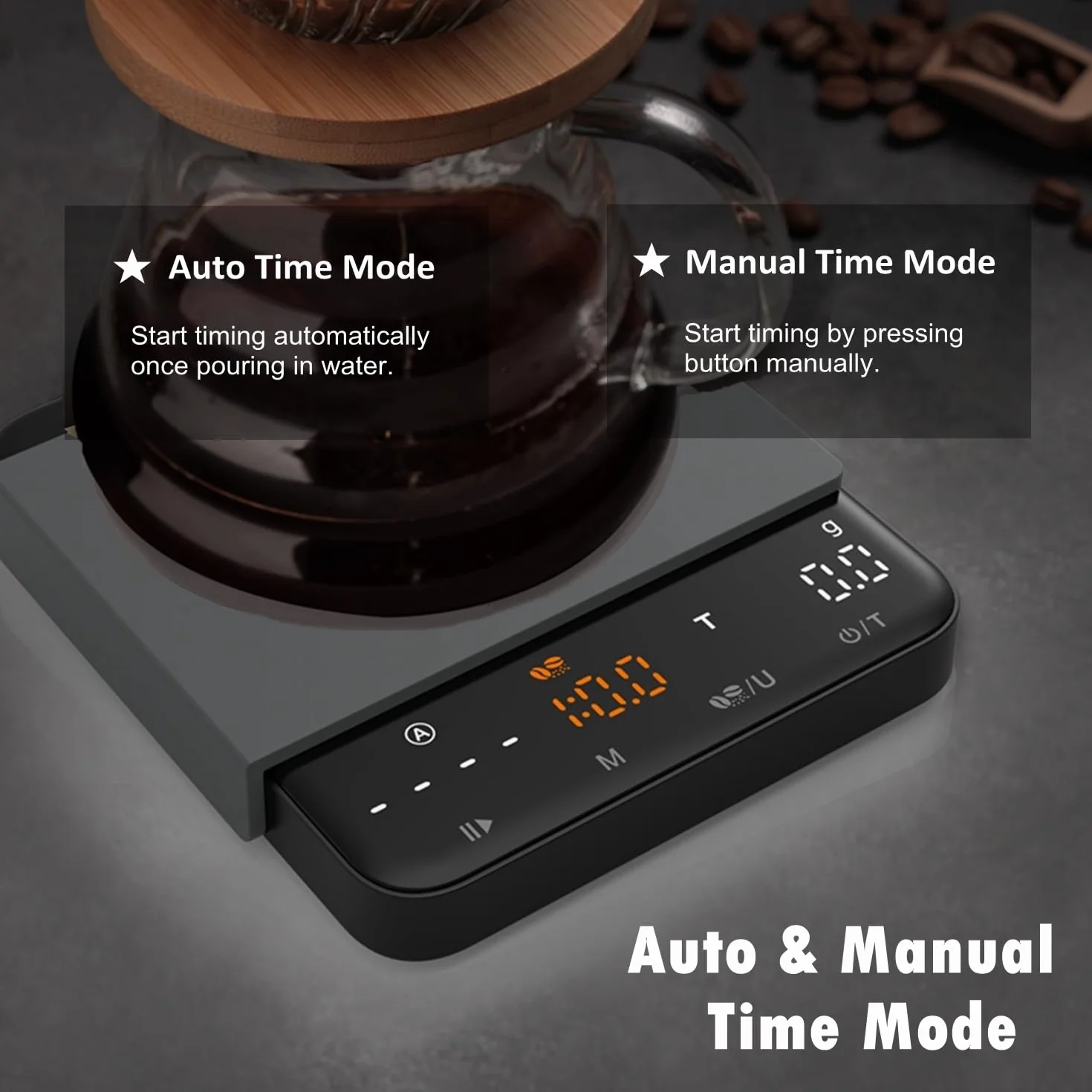 NUTRI FIT Mini waga do kawy z timerem, ładowalna waga kuchenna USB-C, przenośna waga do espresso z wyświetlaczem LED, rozmiar produktu 11,5 x 10 cm, 2 kg/0,1 g - czarna