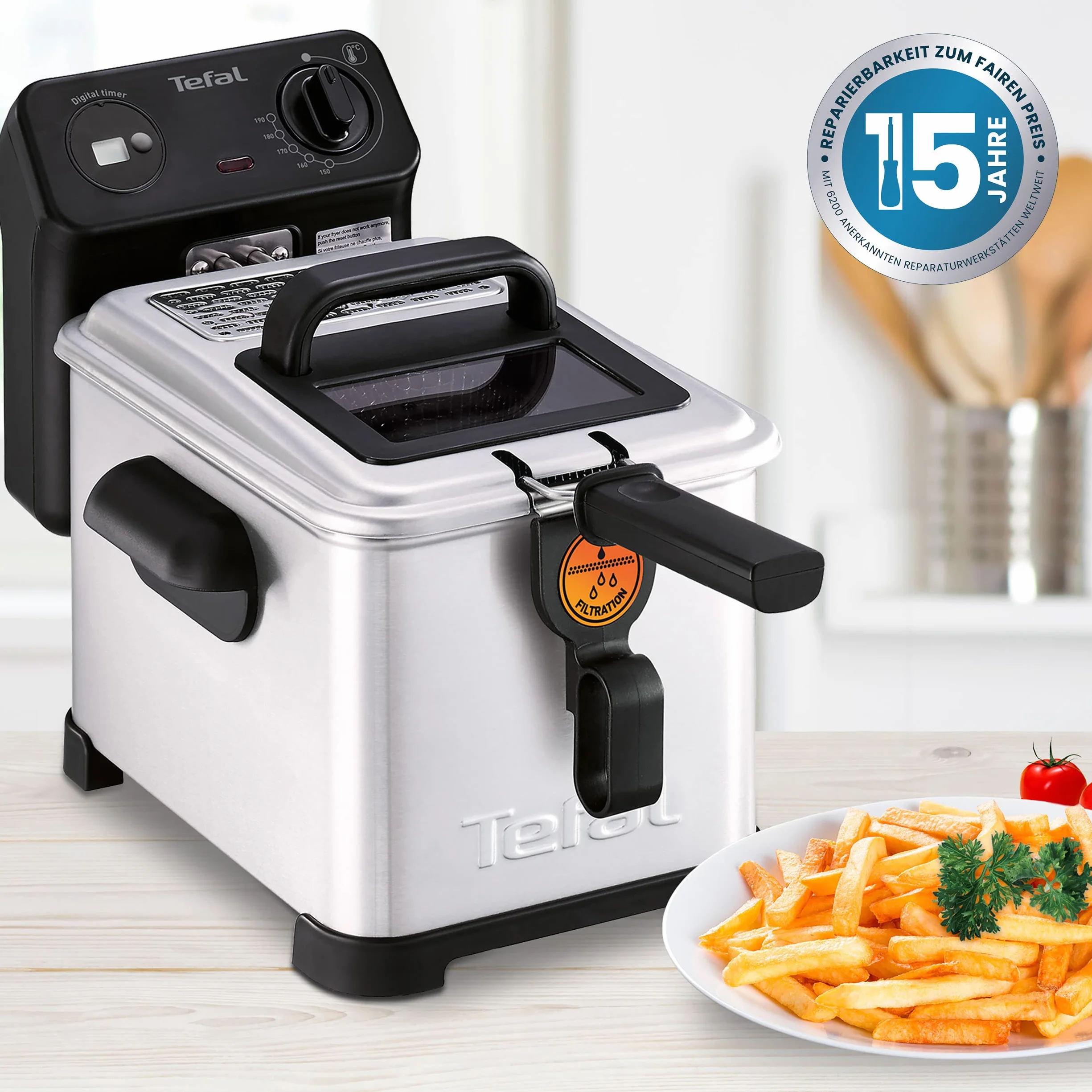 Tefal Filtra Pro FR5160 frytkownica elektryczna, pojemność 4 l, sitko do zbierania czystego oleju, części nadające się do mycia w zmywarce, okienko, regulowana kontrola temperatury, czarna, stal