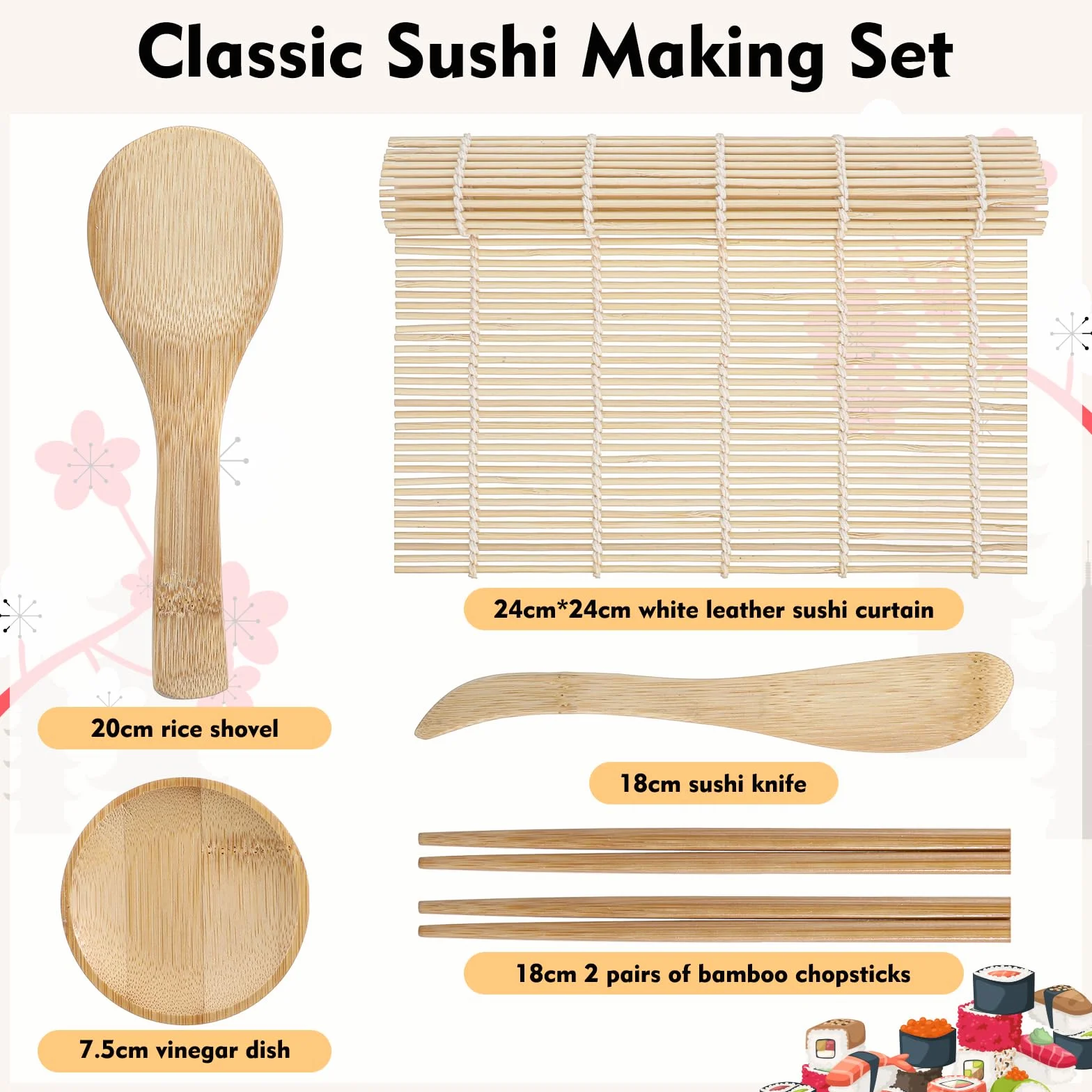 6 sztuk zestaw do sushi do samodzielnego wykonania, mata bambusowa do sushi, dla początkujących, do produkcji sushi, koreańskich rolek z alg i rolek warzywnych, drewna