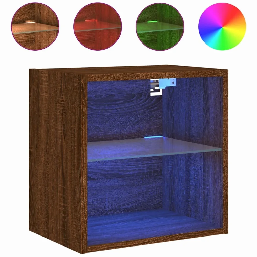 Naścienne stoliki nocne z oświetleniem RGB LED, zestaw 2 szt., brązowy wygląd dębu, 40 x 28,5 x 40 cm, pływające, nowoczesny mebel do sypialni