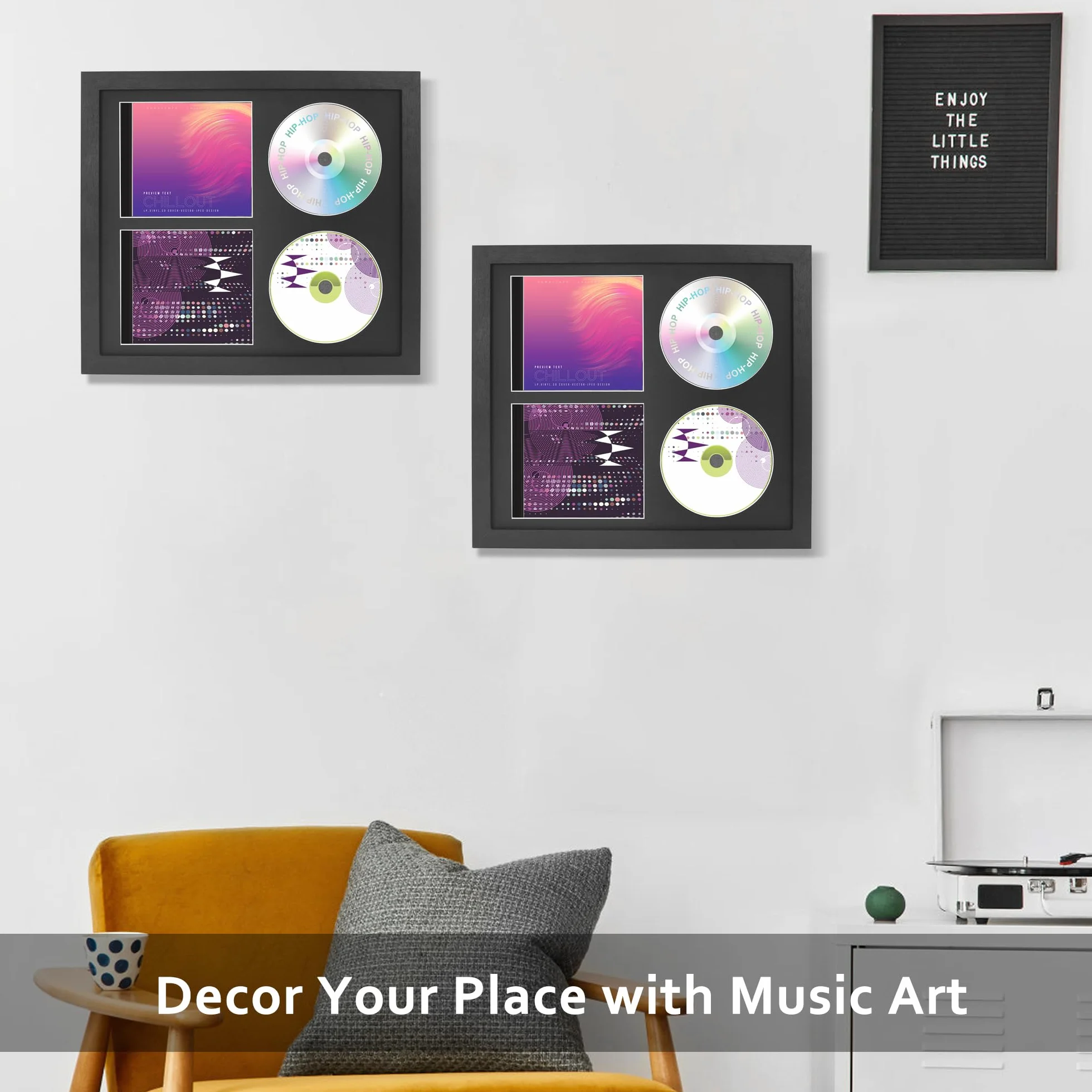 FramePro Podwójna ramka na płyty CD 36 cm x 32,5 cm, uchwyt na płyty z prawdziwym szkłem, dekoracja na ścianę, czarna mata
